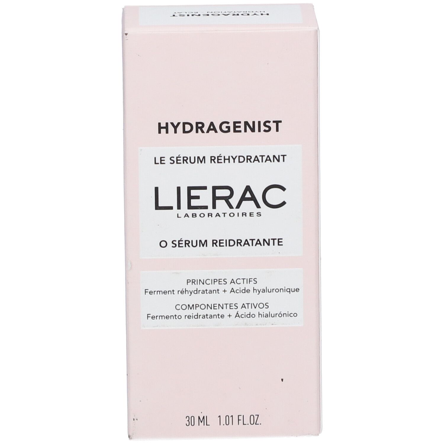 Productverpakking. Roze, witte tekst. Opschrift: LIERAC, HYDRAGENIST, Le Sérum Réhydratant, 30 ml.