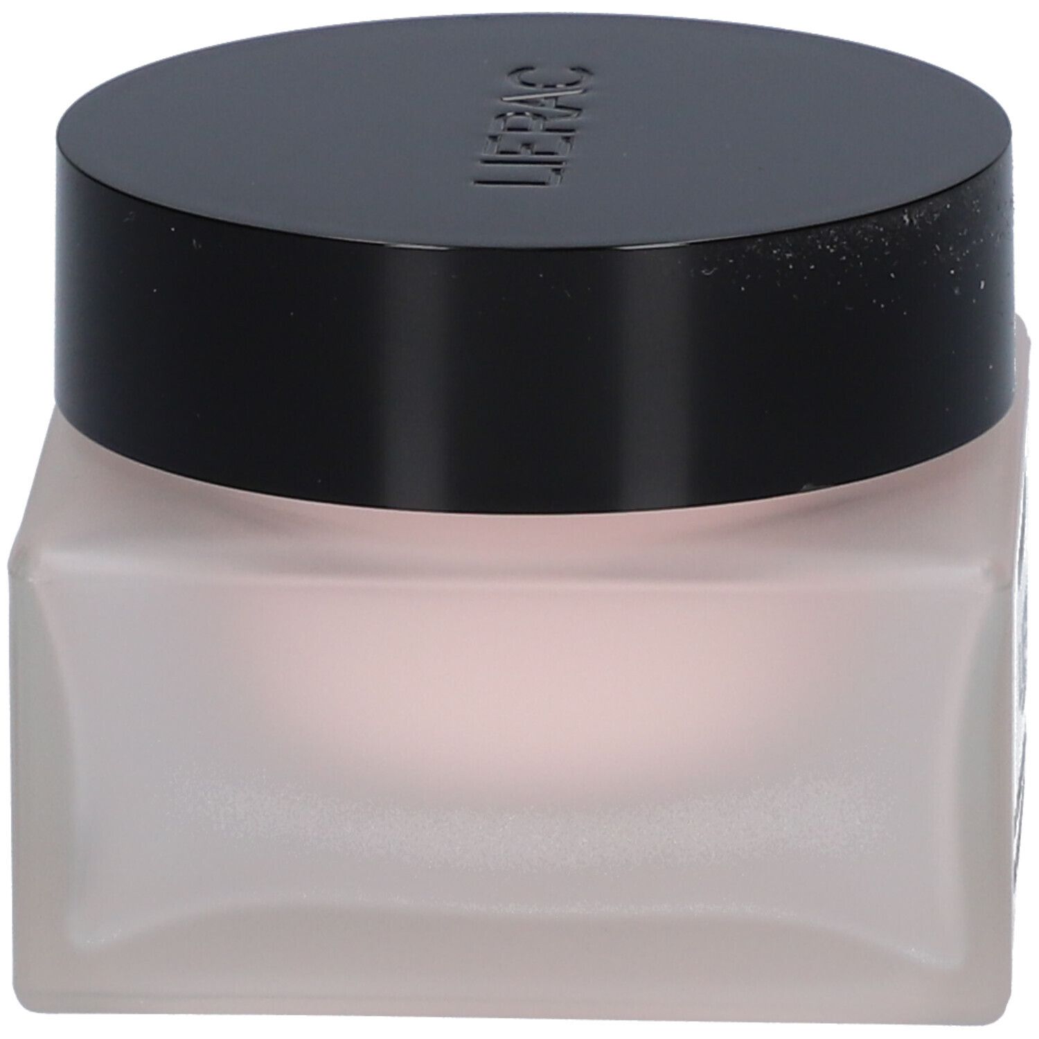 Crèmepot met zwarte deksel. De inhoud is roze. De houder is vierkant.