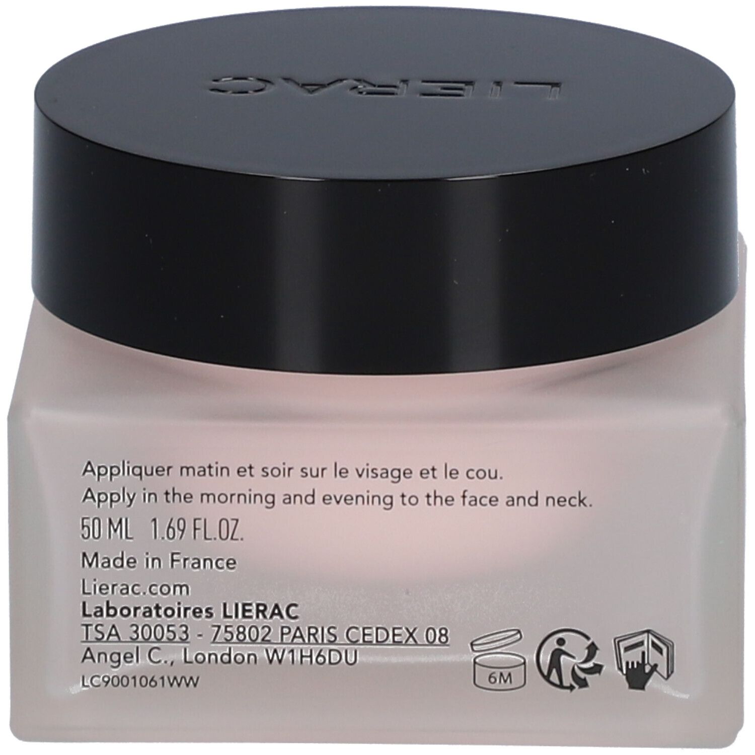 Crèmepot met zwarte deksel. Op de achterkant tekst: toepassing, 50 ml, Made in France, adres, symbolen.