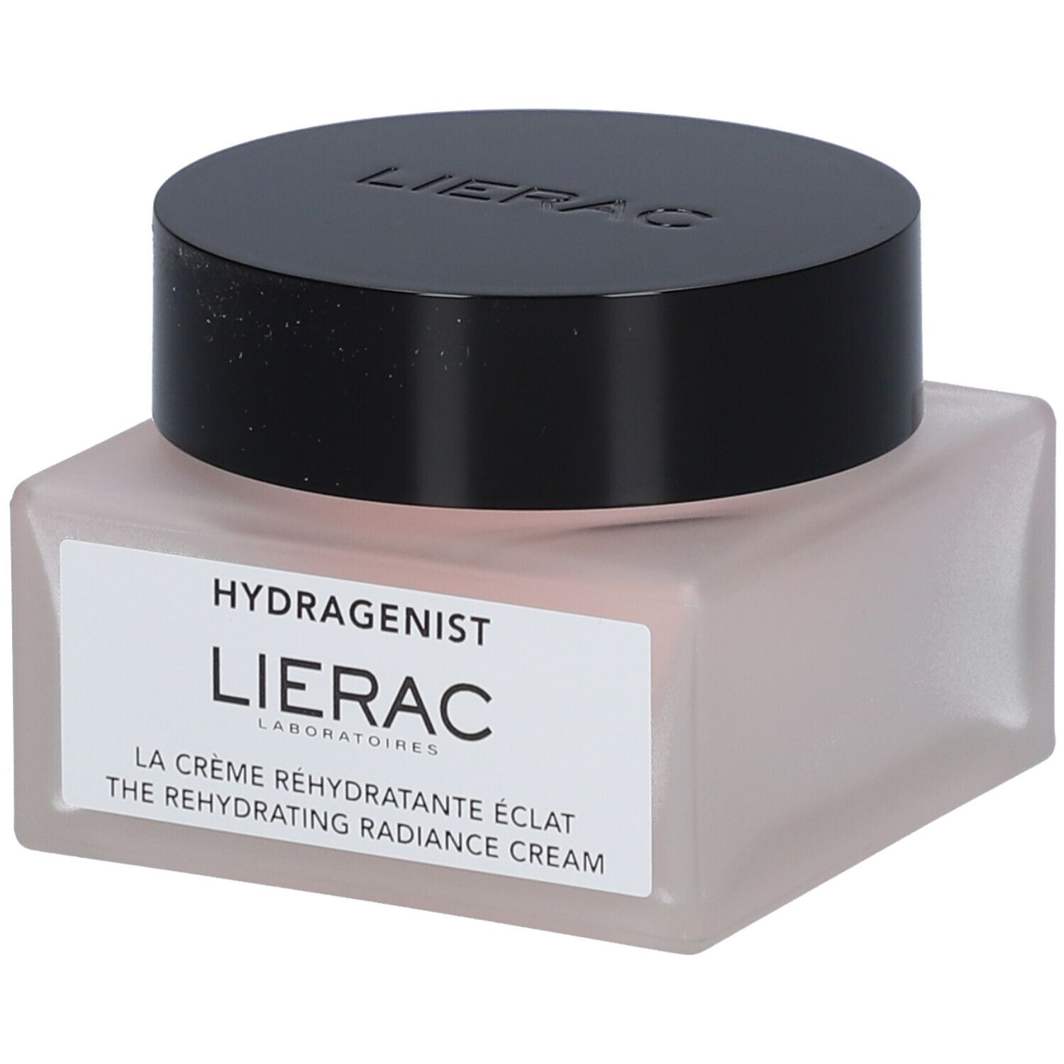 Crèmepot met zwarte deksel. Opschrift: HYDRAGENIST, LIERAC, LA CRÈME RÉHYDRATANTE ÉCLAT, THE REHYDRATING RADIANCE CREAM.