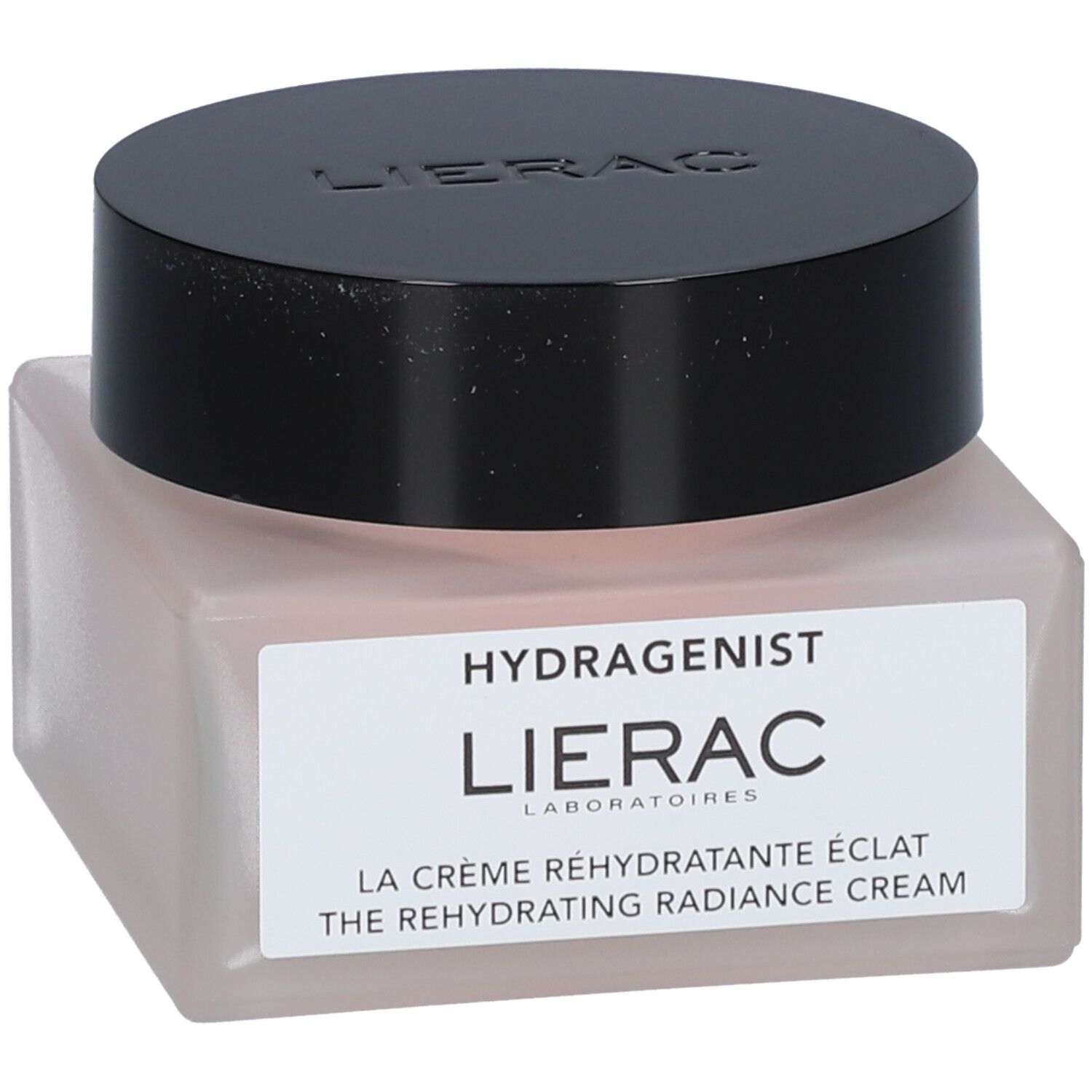 Crèmepot met zwarte deksel. Opschrift: HYDRAGENIST, LIERAC, LA CRÈME RÉHYDRATANTE ÉCLAT, THE REHYDRATING RADIANCE CREAM.