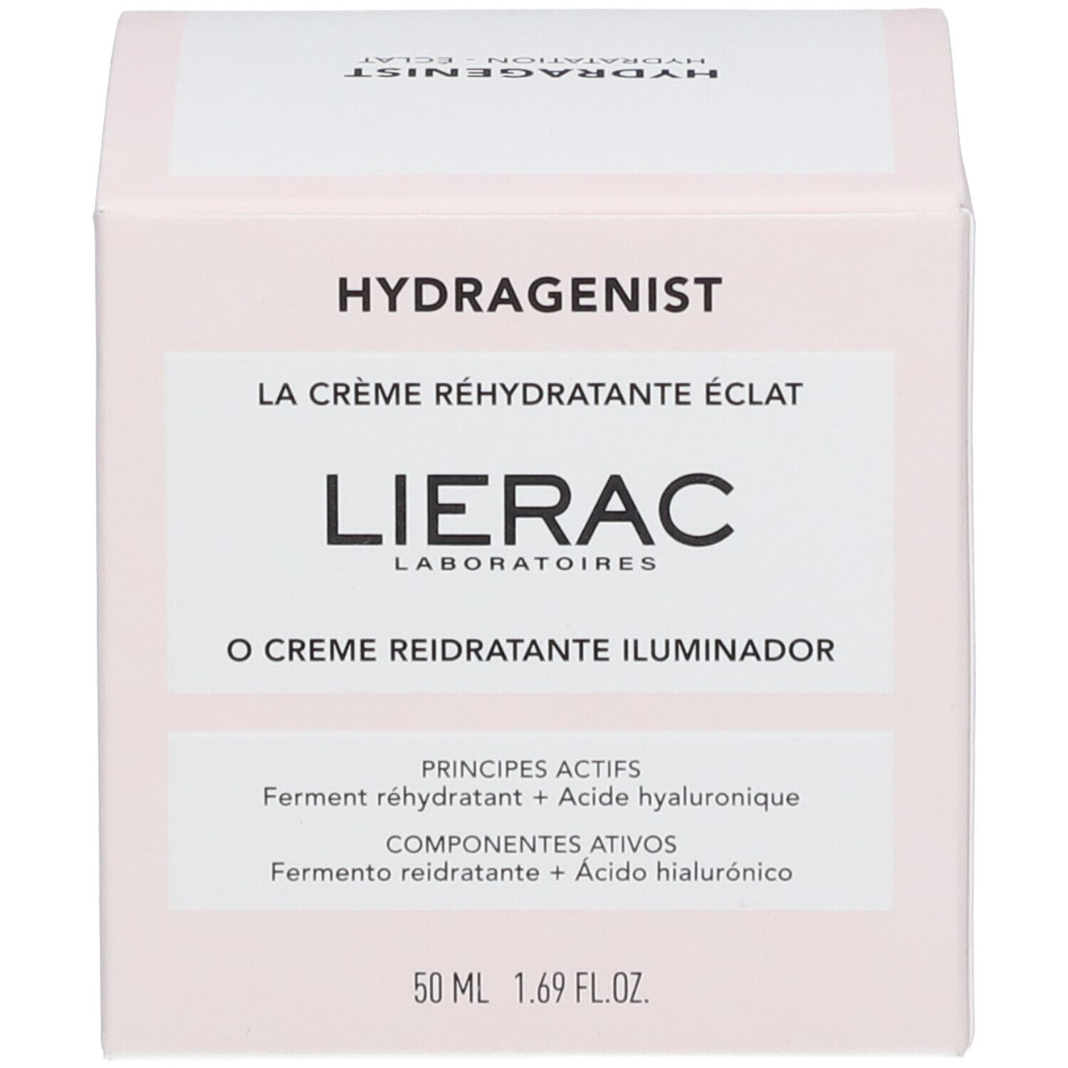 Roze doos. Opschrift: HYDRAGENIST, LIERAC, LA CRÈME RÉHYDRATANTE ÉCLAT, 50 ml.
