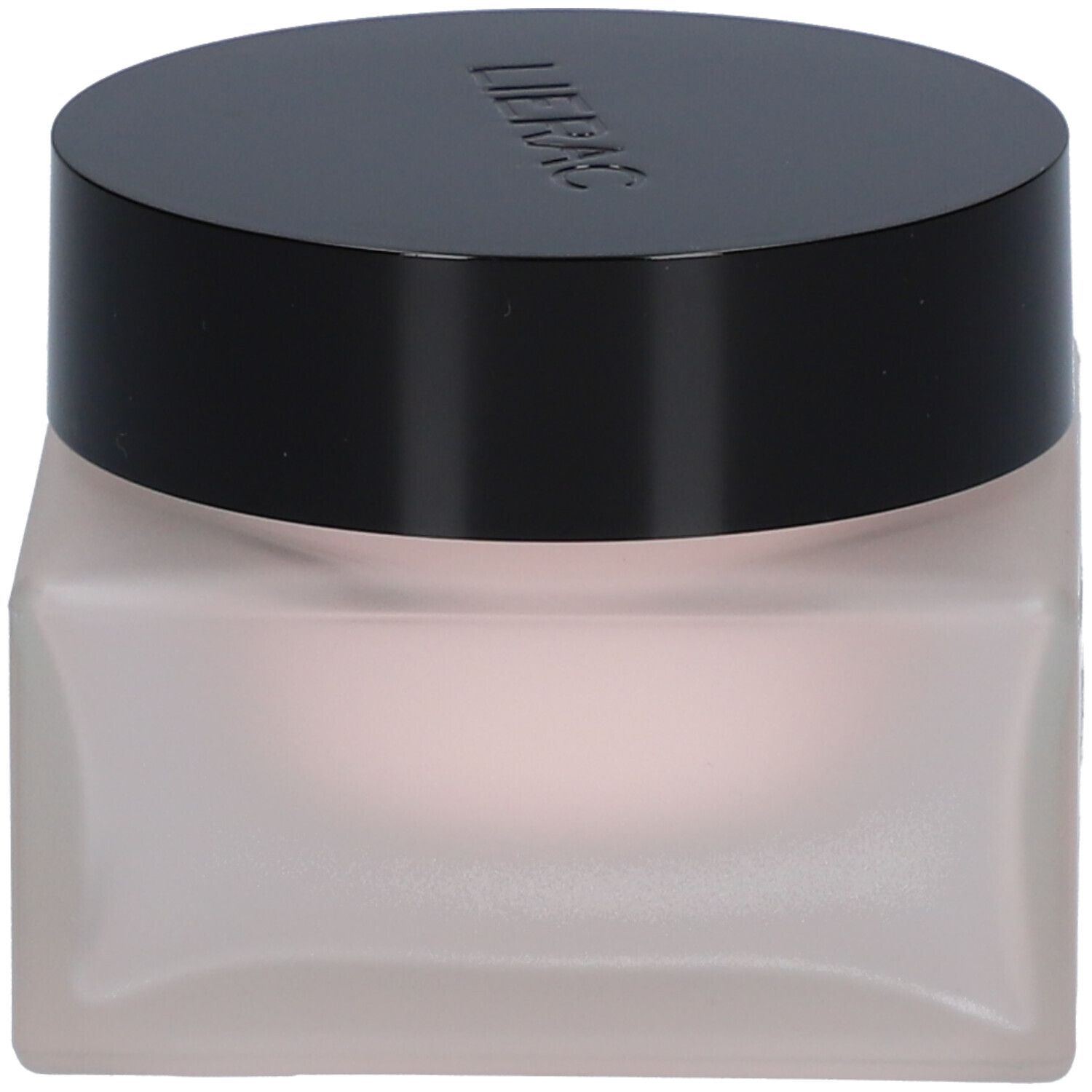 Roze gel-crème pot met zwarte deksel. De pot is vierkant.