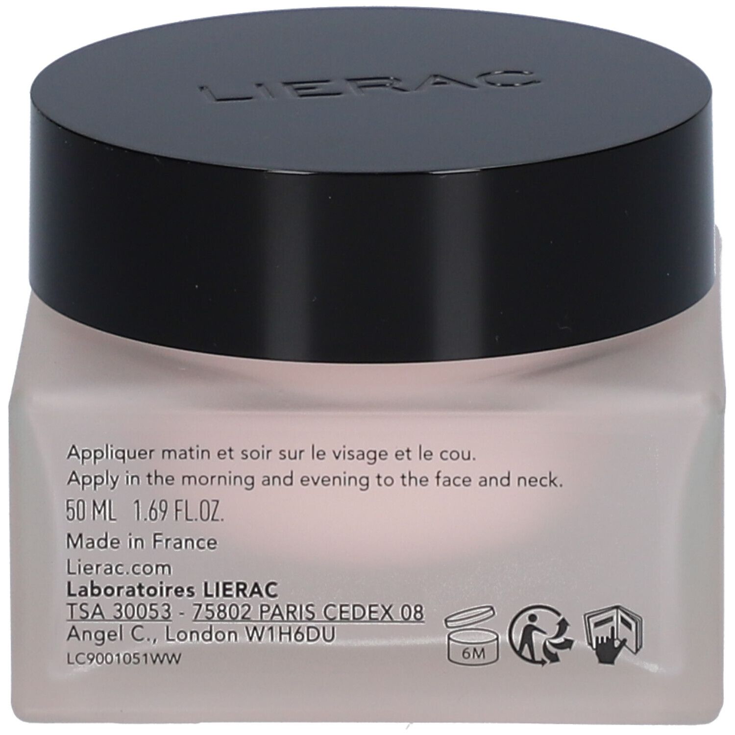 Achterkant van een roze gel-crème pot met zwarte deksel. Tekst: gebruik, 50 ml, Lierac, gemaakt in Frankrijk.