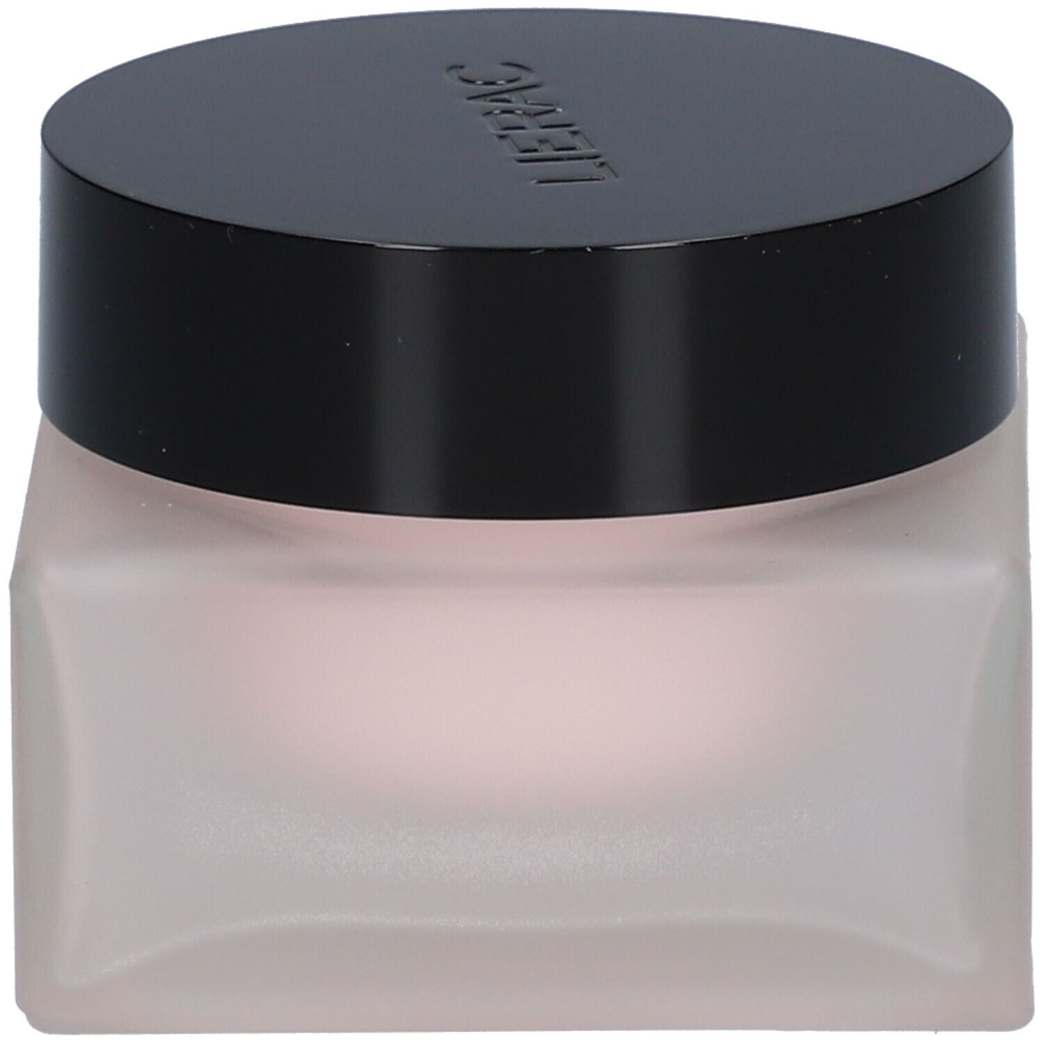 Roze gel-crème pot met zwarte deksel. De pot is vierkant.