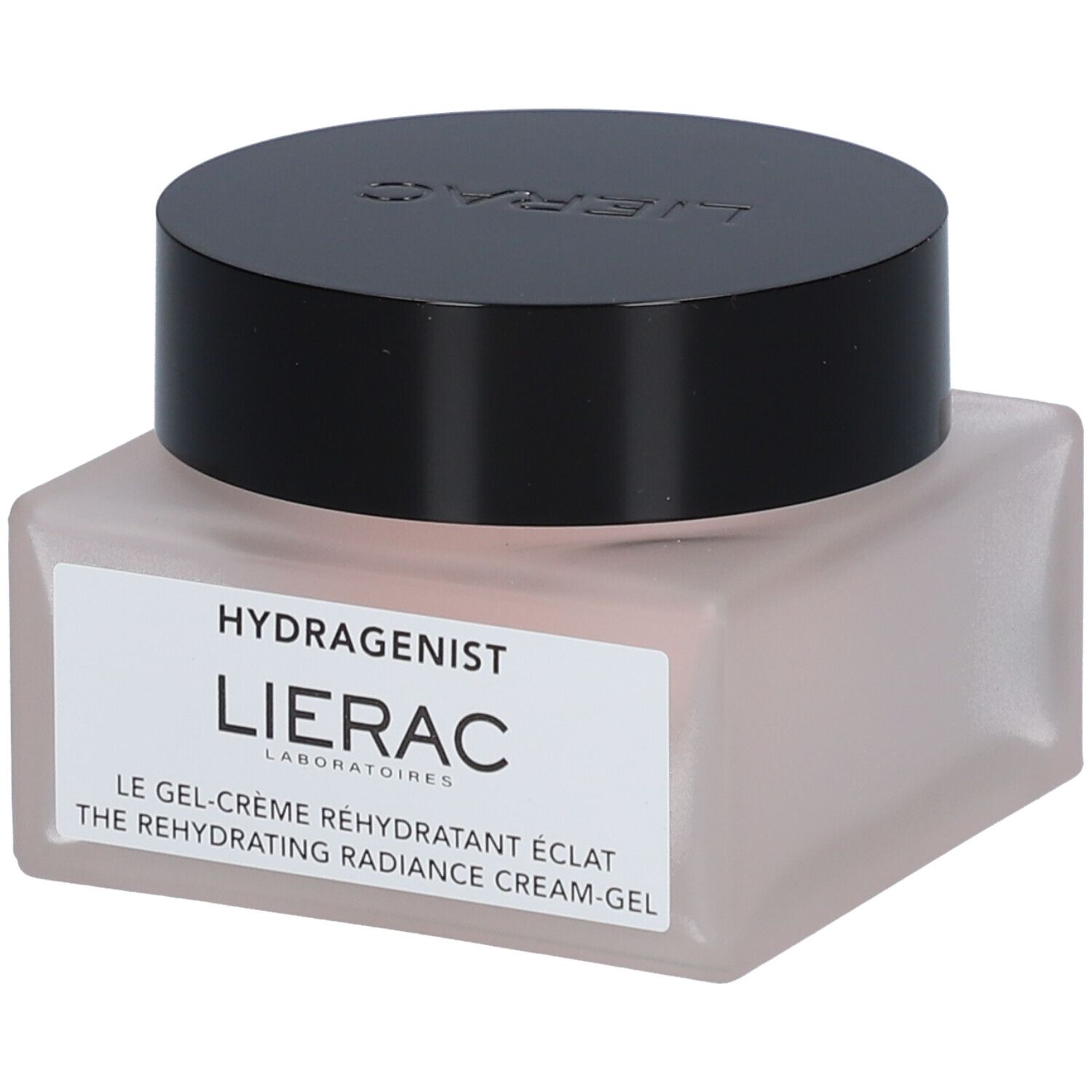 Roze gel-crème pot met zwarte deksel. Label toont "Hydragenist" en "Lierac".