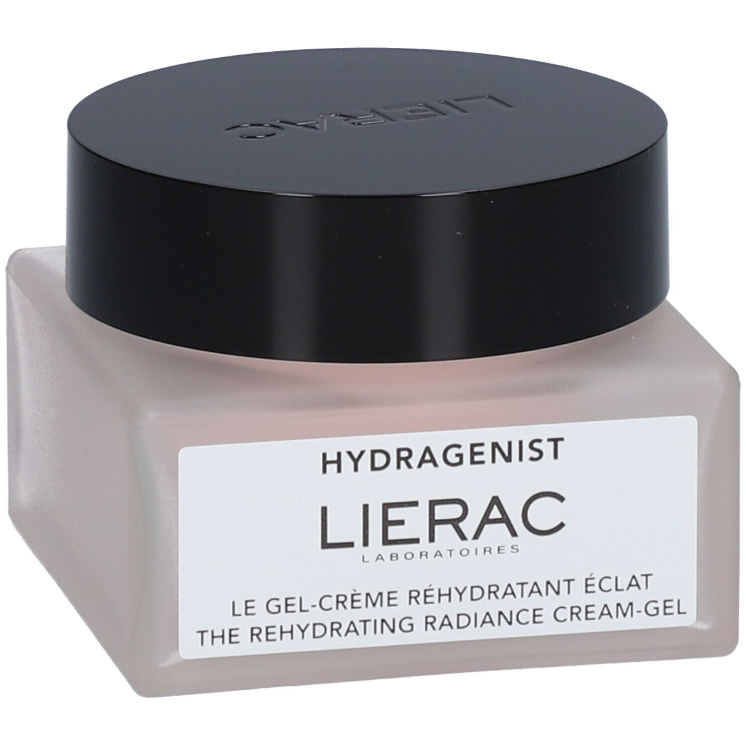 Roze gel-crème pot met zwarte deksel. Label toont "Hydragenist" en "Lierac".
