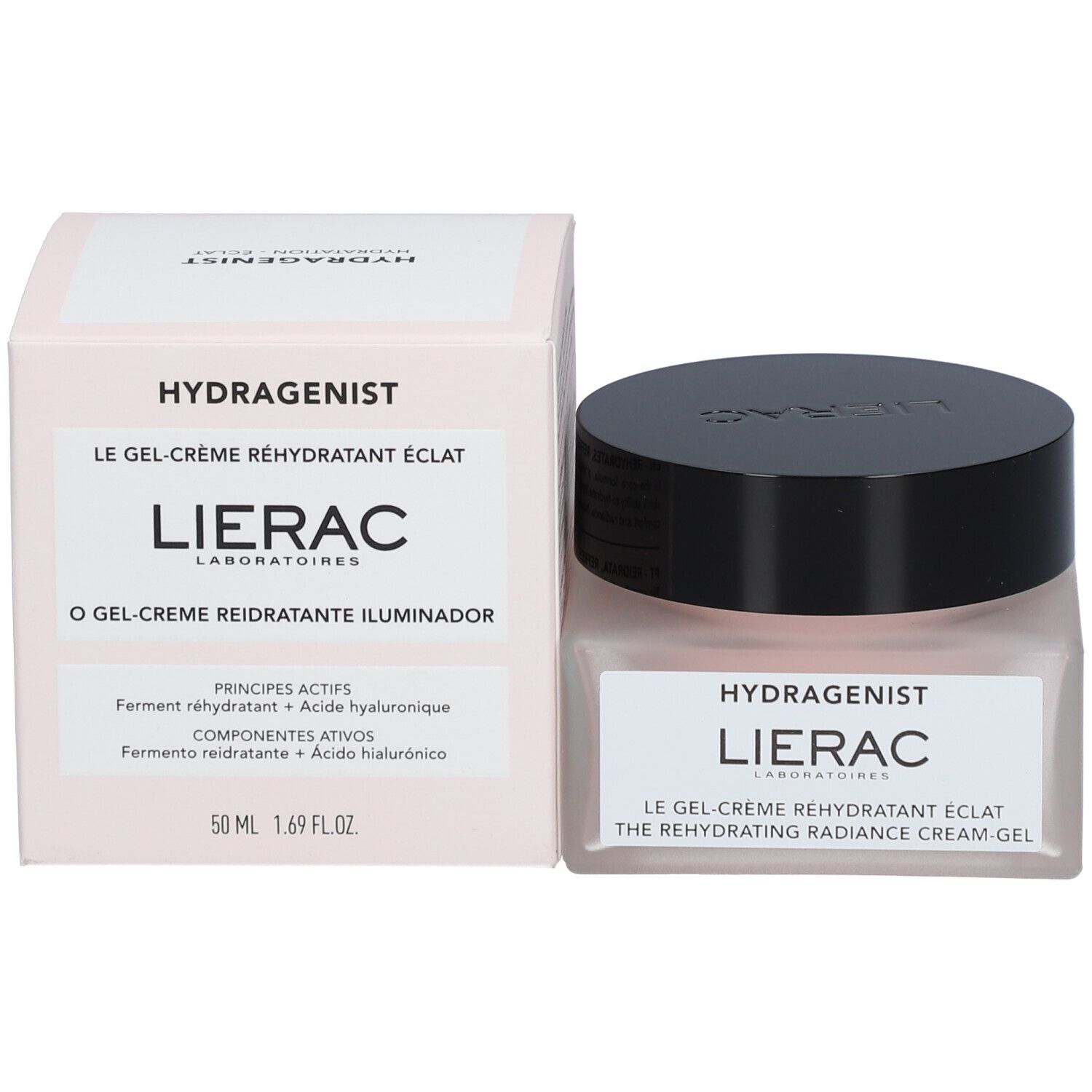 Productverpakking met pot en doos. De doos toont "Hydragenist" en "Lierac".