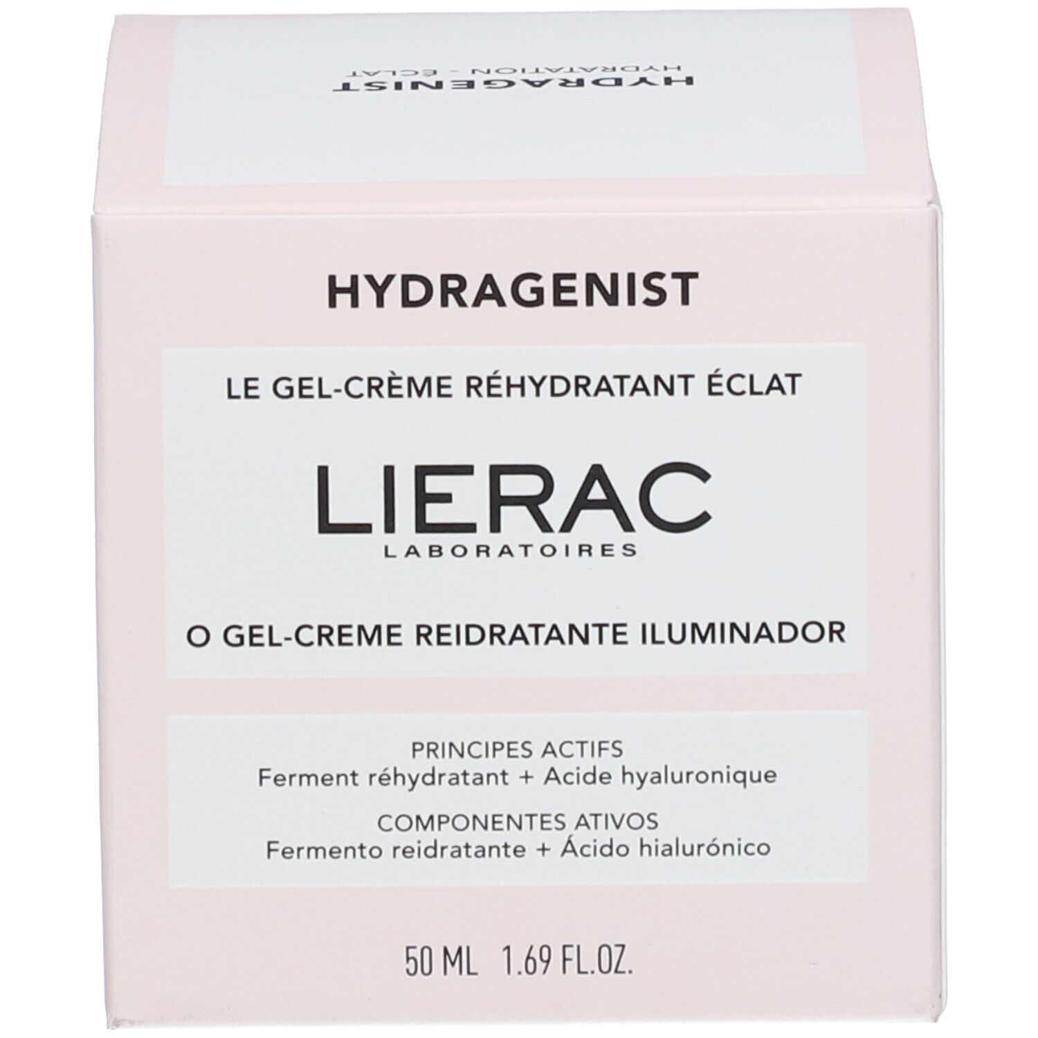 Productverpakking, roze doos met tekst: "Hydragenist", "Lierac", en productnaam.