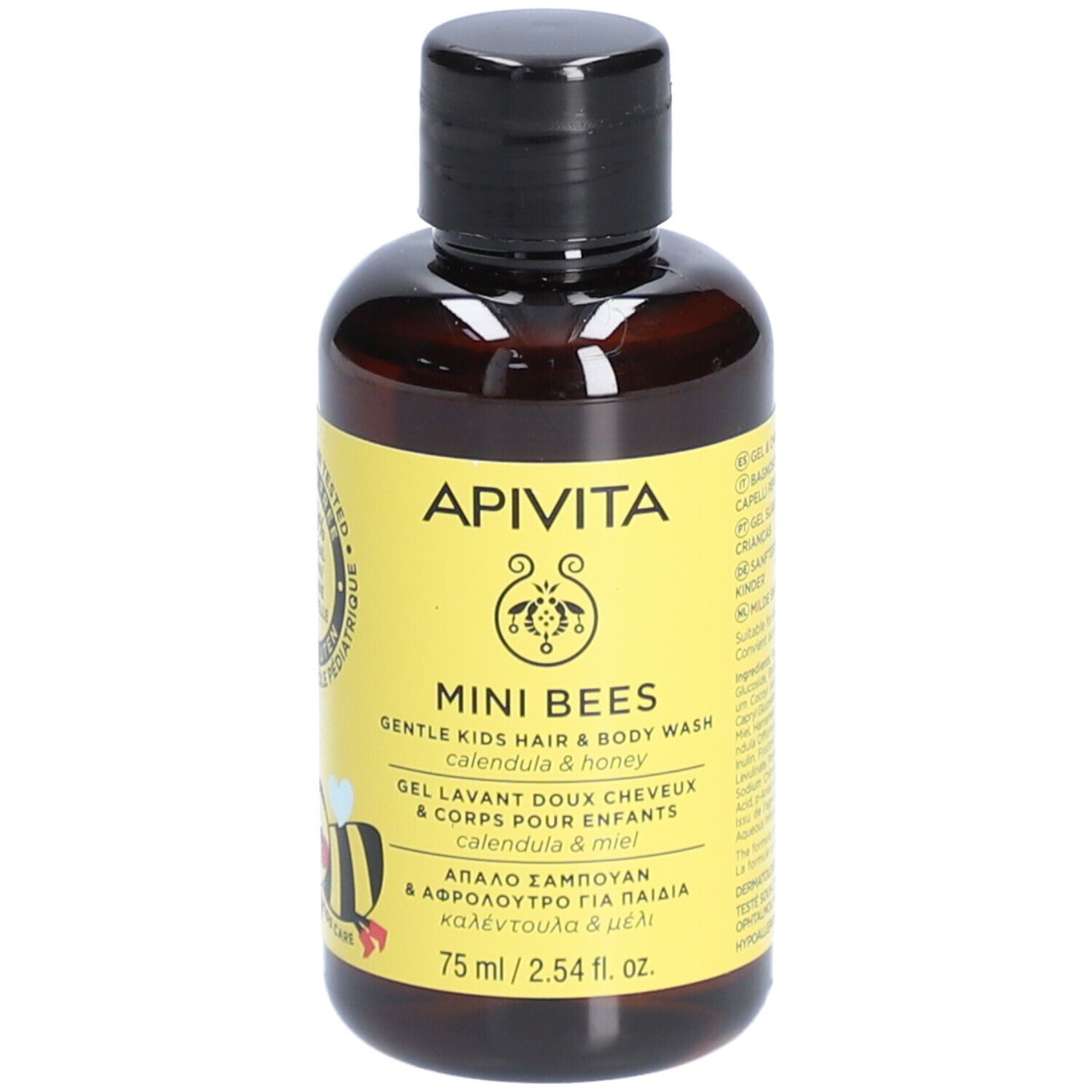 Flacon marron avec bouchon noir. Étiquette jaune avec texte: Apivita Mini Bees, gel lavant doux cheveux & corps.