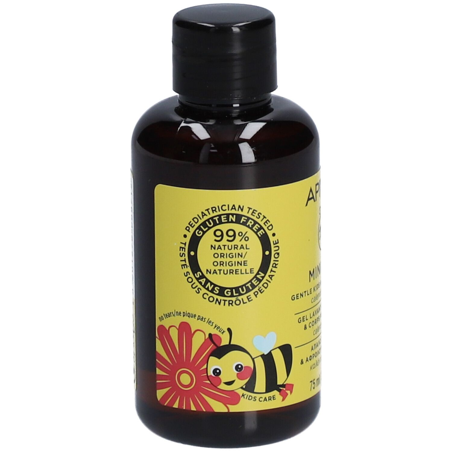 Flacon marron avec bouchon noir. Étiquette jaune avec texte: 99% origine naturelle. Sans gluten.
