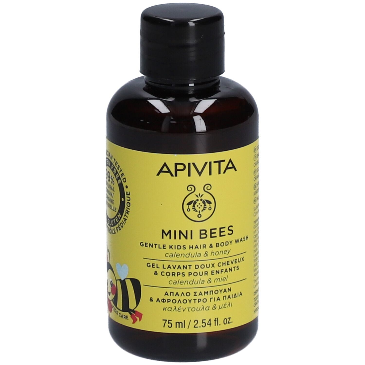 Flacon marron avec bouchon noir. Étiquette jaune avec texte: Apivita Mini Bees, gel lavant doux cheveux & corps.