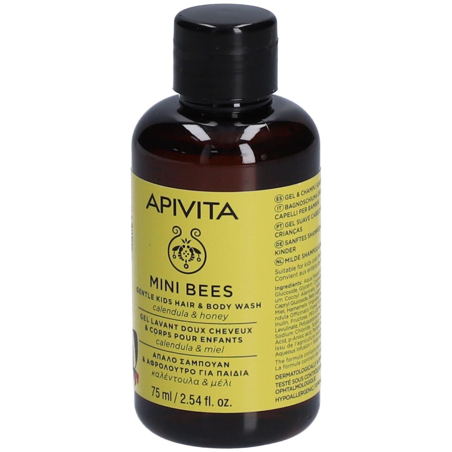 Flacon marron avec bouchon noir. Étiquette jaune avec texte: Apivita Mini Bees, gel lavant doux cheveux & corps.