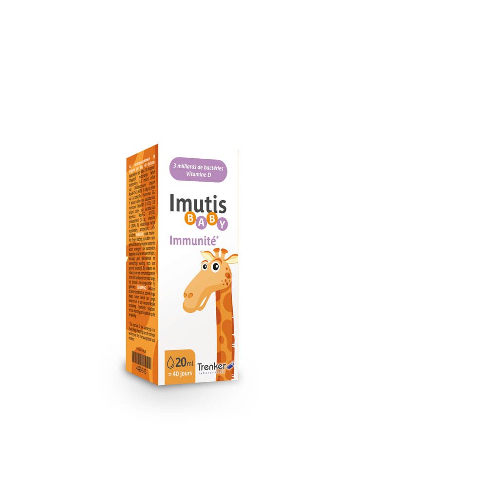 Verpackung mit Aufschrift Imutis Baby Immunité. Mit Giraffen-Illustration. Enthält 20 ml.