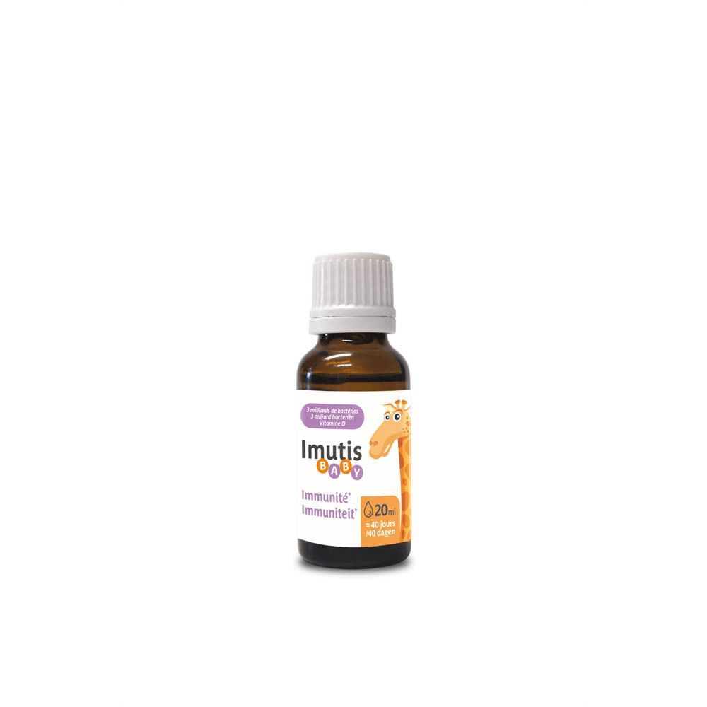 Braune Tropfflasche. Aufschrift: Imutis Baby Immunité. Mit Giraffen-Illustration. 20 ml.