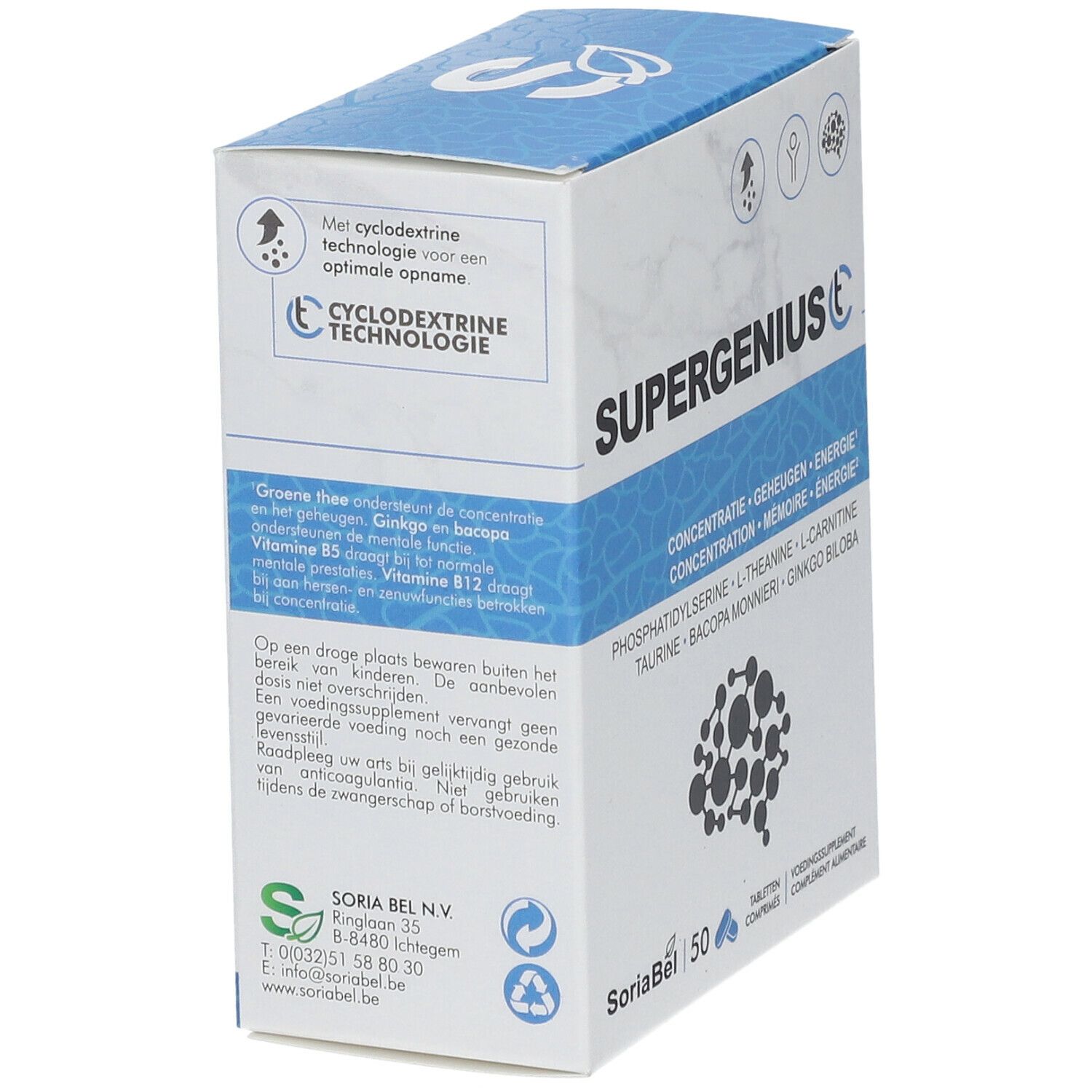 Vue en biais de la boîte Supergenius CT. Inscription : Supergenius CT. Contient 50 comprimés. Marque : SoriaBel. Avec technologie cyclodextrine.
