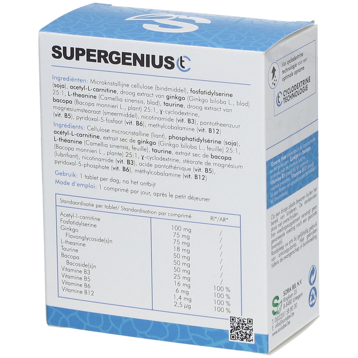 Dos de la boîte Supergenius CT. Contient ingrédients et tableau nutritionnel. Marque : SoriaBel. Avec technologie cyclodextrine.