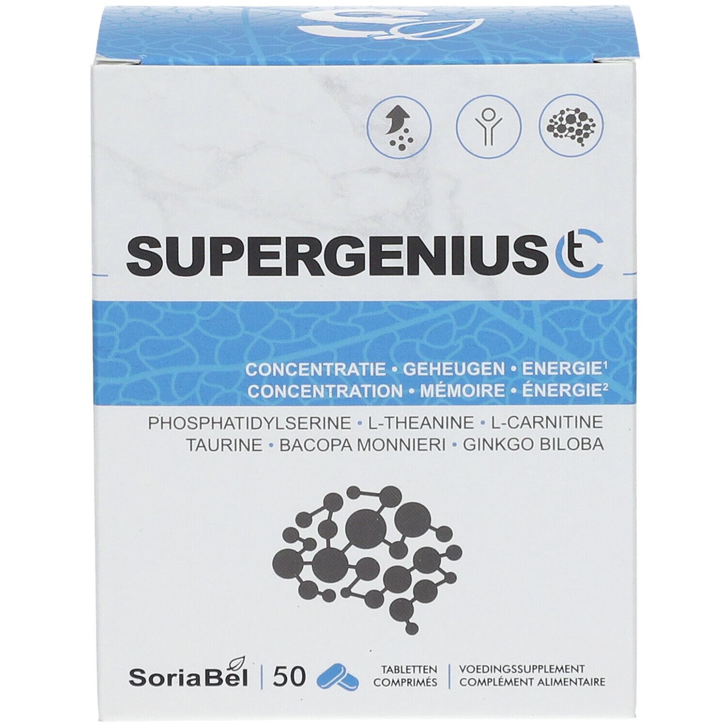 Vue de face de la boîte Supergenius CT. Inscription : Supergenius CT. Contient 50 comprimés. Marque : SoriaBel. Avec symboles.