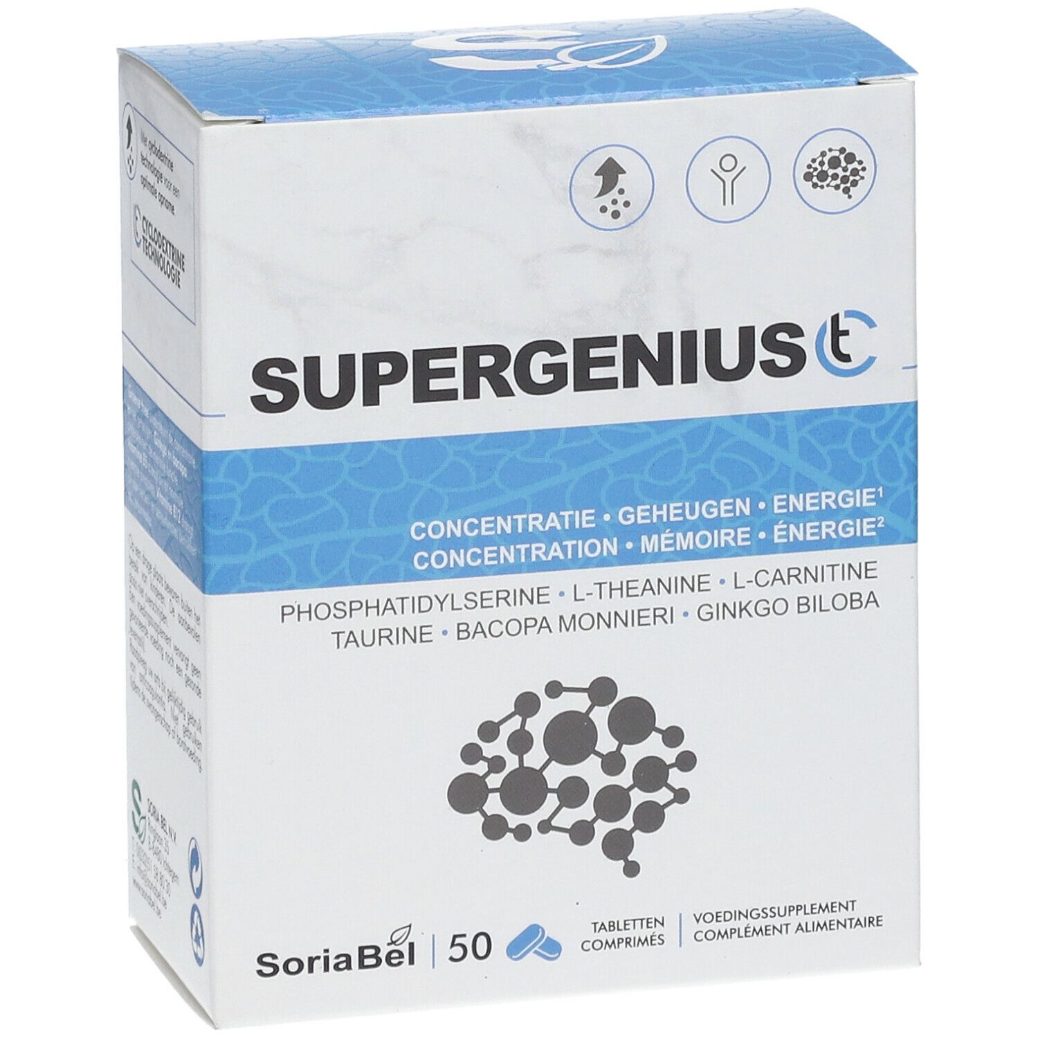 Vue de face de la boîte Supergenius CT. Inscription : Supergenius CT. Contient 50 comprimés. Marque : SoriaBel. Avec symboles.