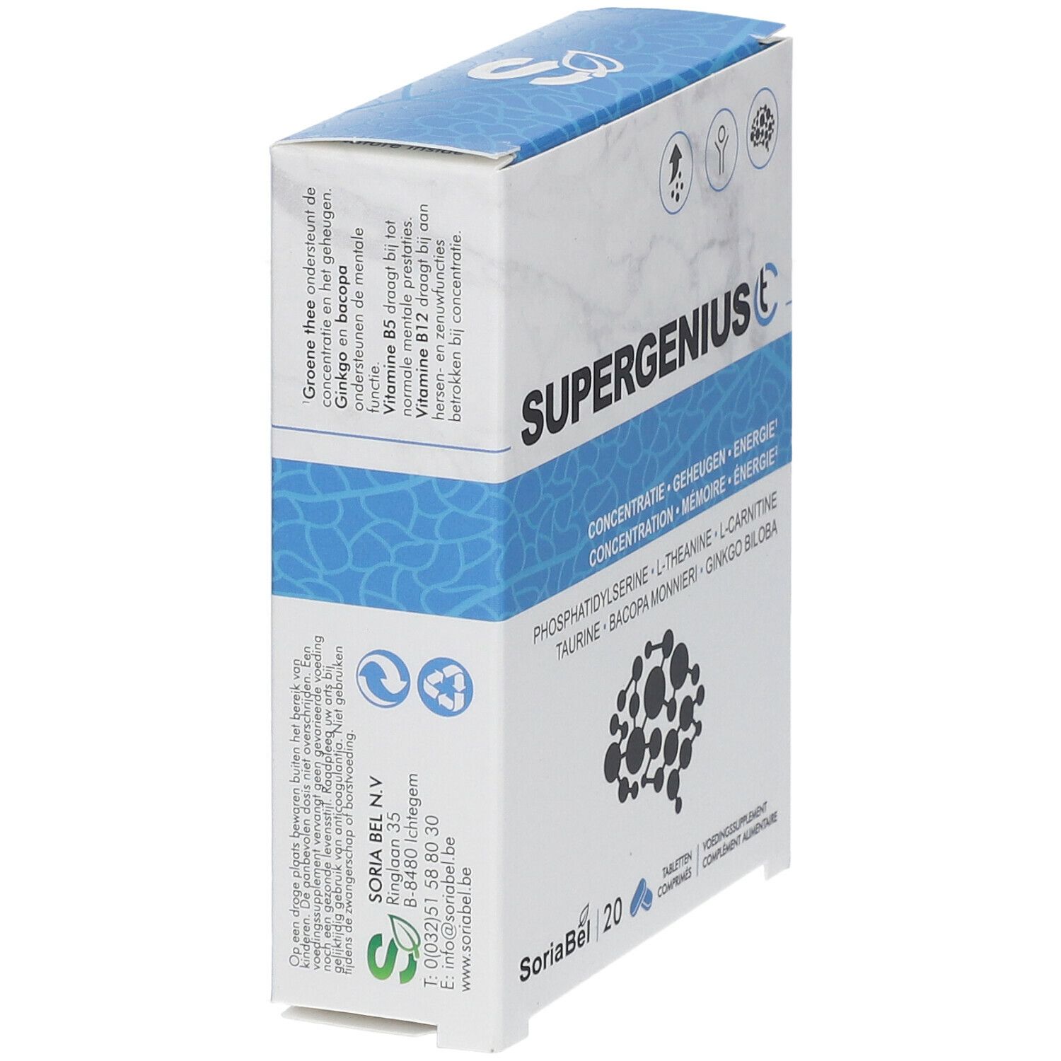 Schuine weergave van de verpakking SUPERGENIUS C. Bevat 20 tabletten. Witte en blauwe kleuren.