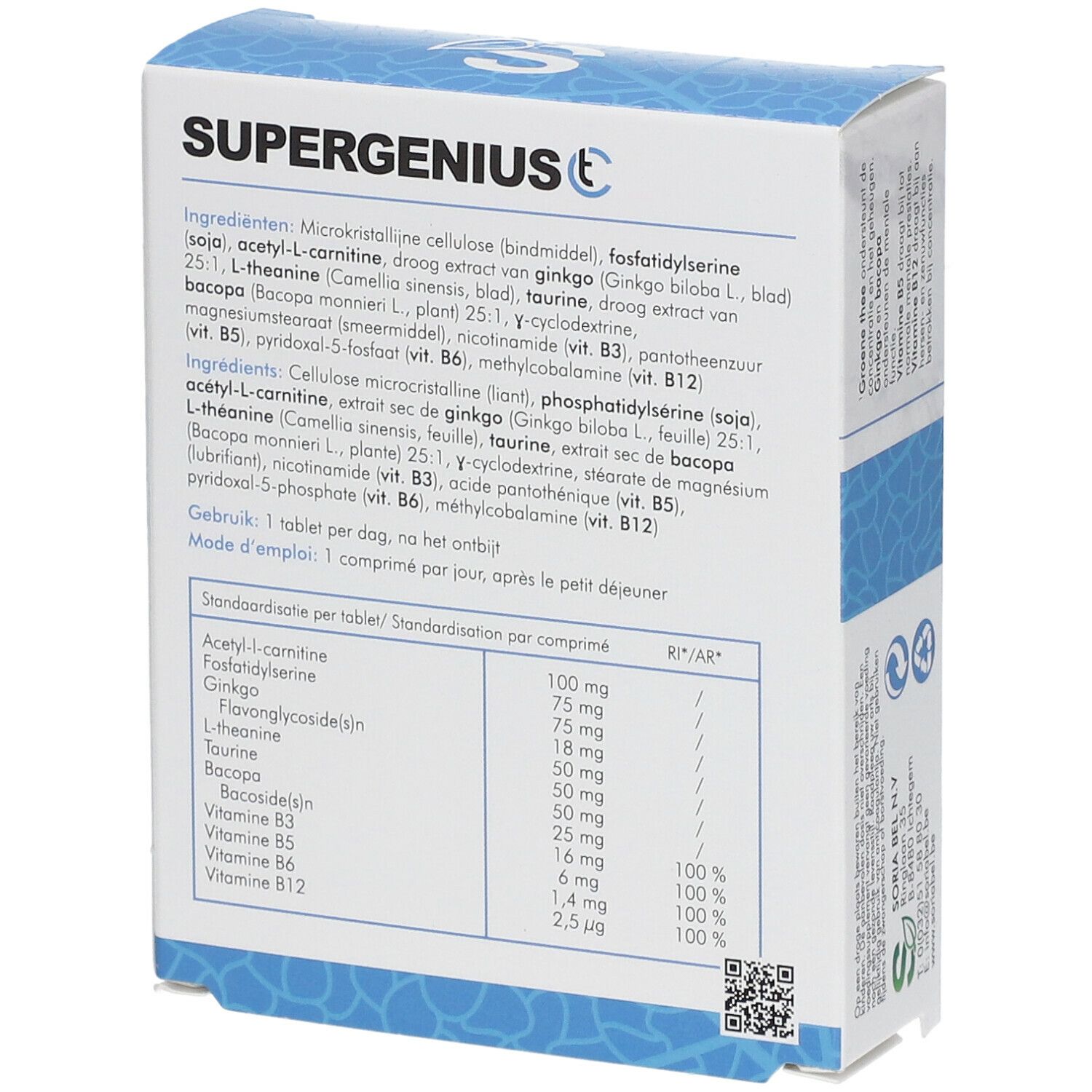 Achterkant van de verpakking SUPERGENIUS C. Ingrediënten en voedingswaarde-informatie. QR-code en certificeringen.
