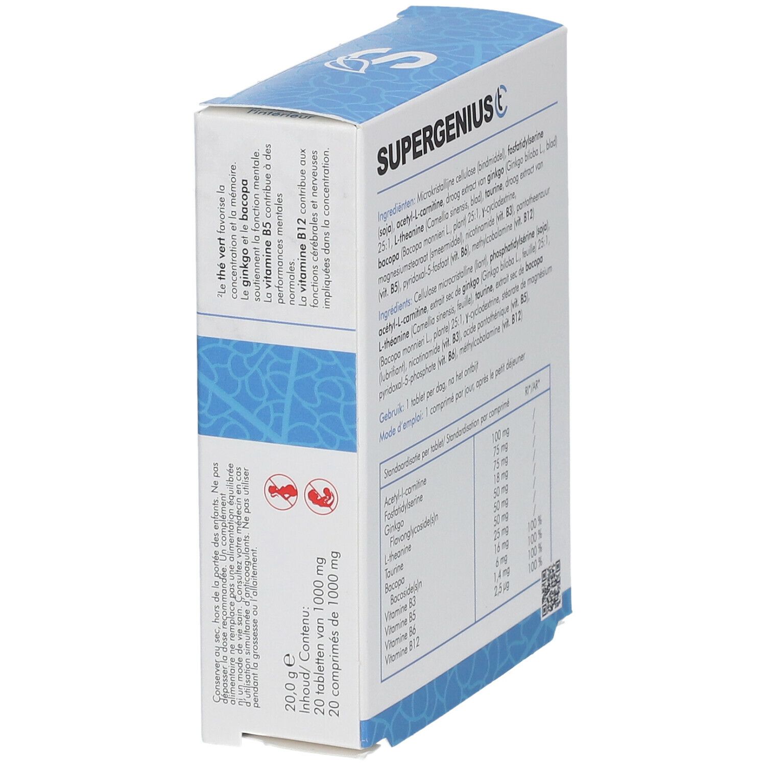 Schuine weergave van de verpakking SUPERGENIUS C. Ingrediënten en voedingswaarde-informatie. 20 tabletten.