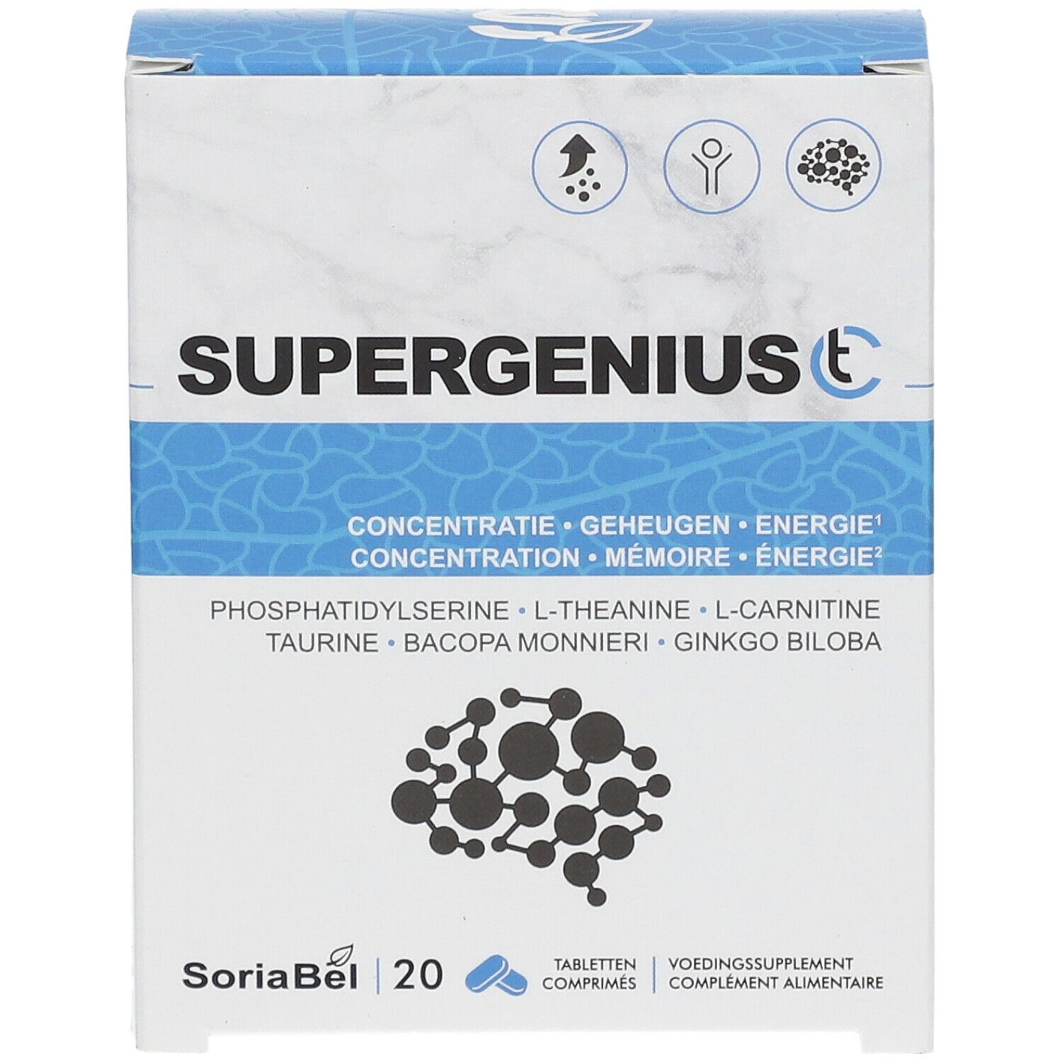 Vooraanzicht van de verpakking SUPERGENIUS C. Bevat 20 tabletten. Witte en blauwe kleuren. Merk SoriaBel.