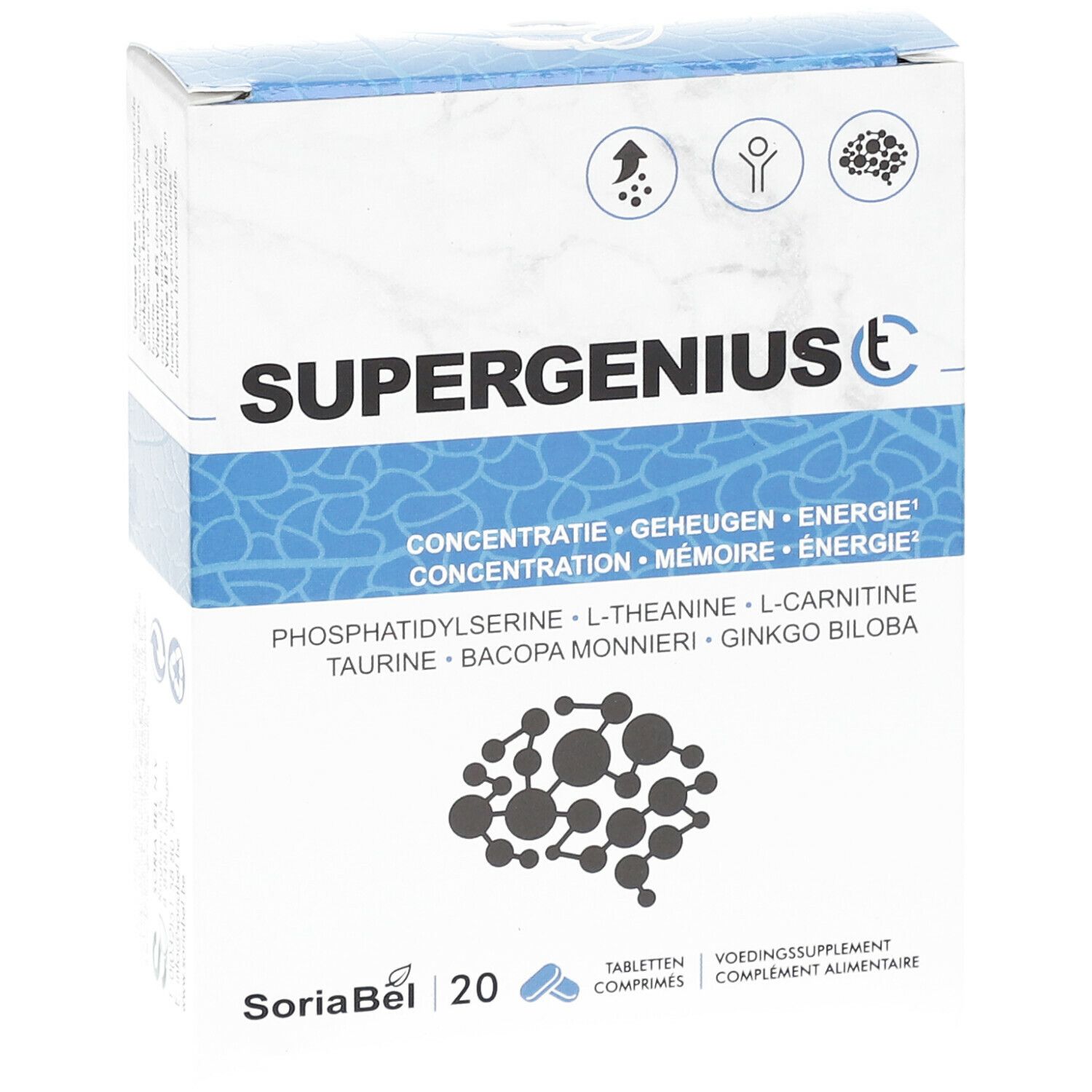 Vooraanzicht van de verpakking SUPERGENIUS C. Bevat 20 tabletten. Witte en blauwe kleuren. Merk SoriaBel.