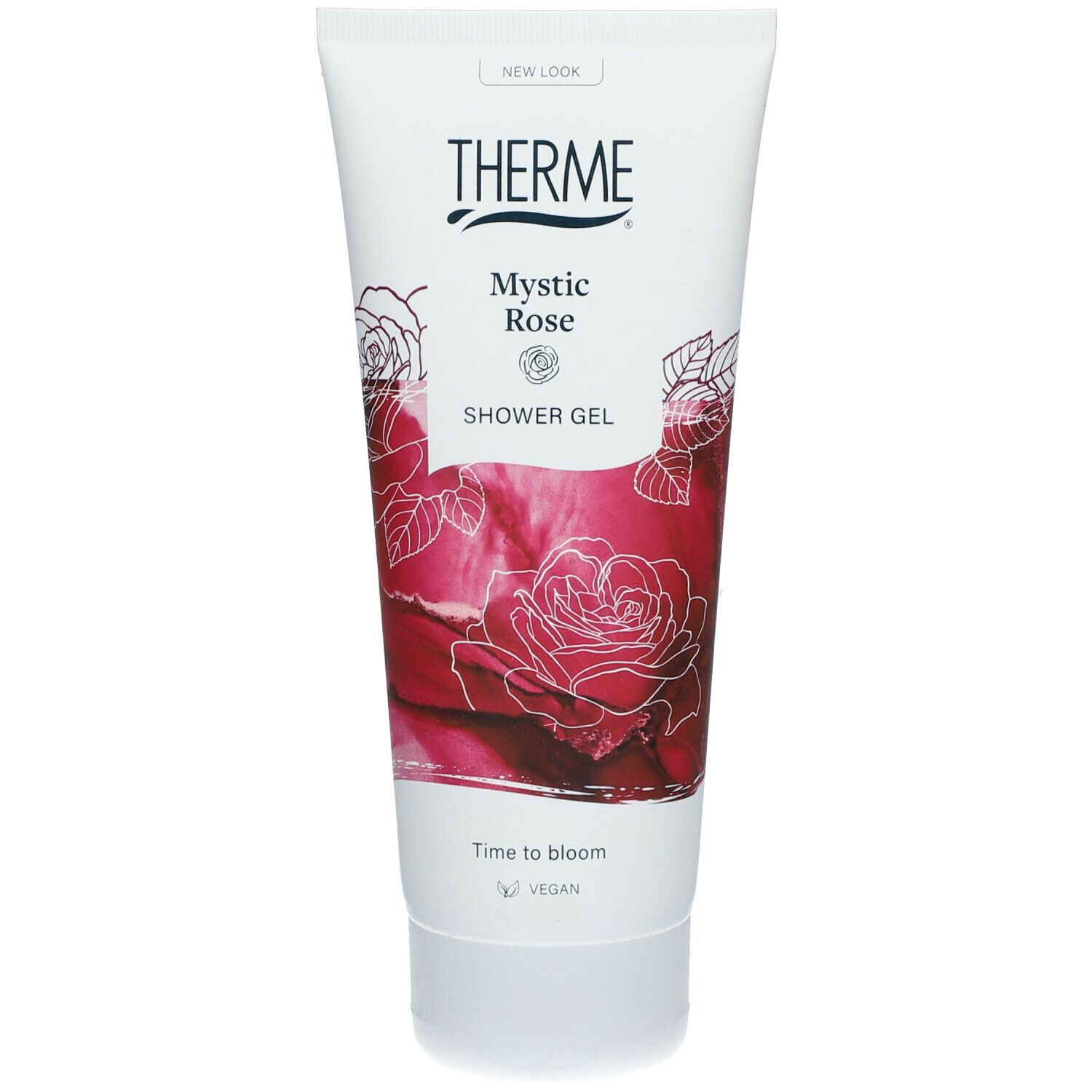 Weiße Tube mit Therme Mystic Rose, Rosen-Illustrationen und Schriftzug. Vegan-Siegel.