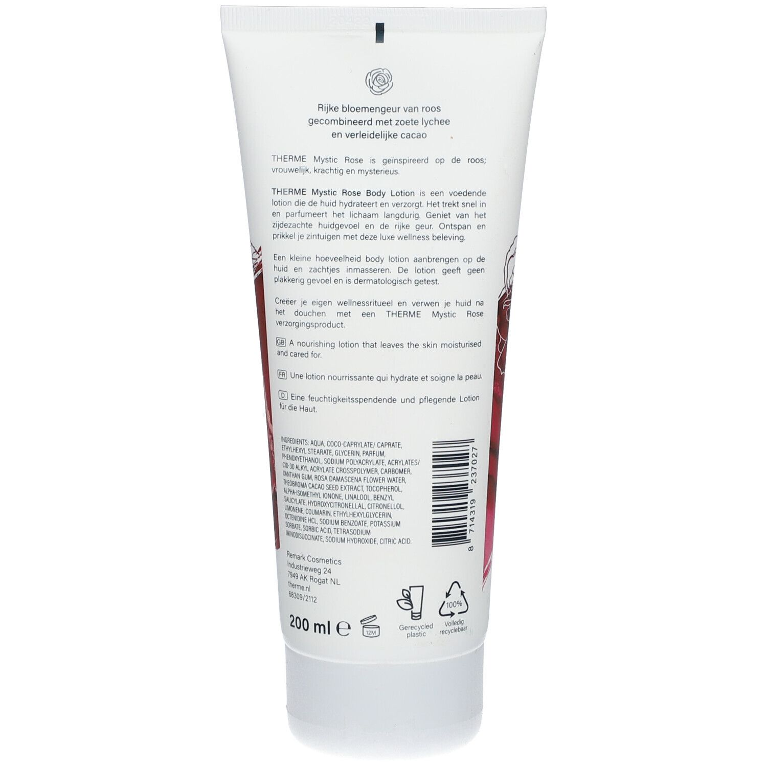 Rückseite der Körperlotion-Tube. Text in mehreren Sprachen. Inhaltsstoffe und Recycling-Symbole. Volumen: 200 ml.
