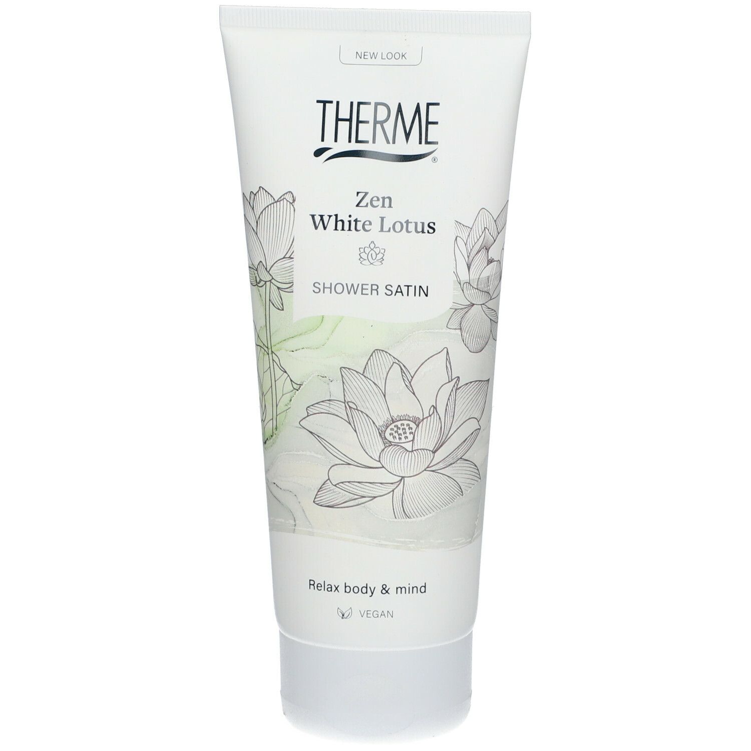 Witte tube THERME Zen White Lotus Duschsatin. Bloemenontwerp met lotusbloemen. Tekst: Relax body & mind, vegan.