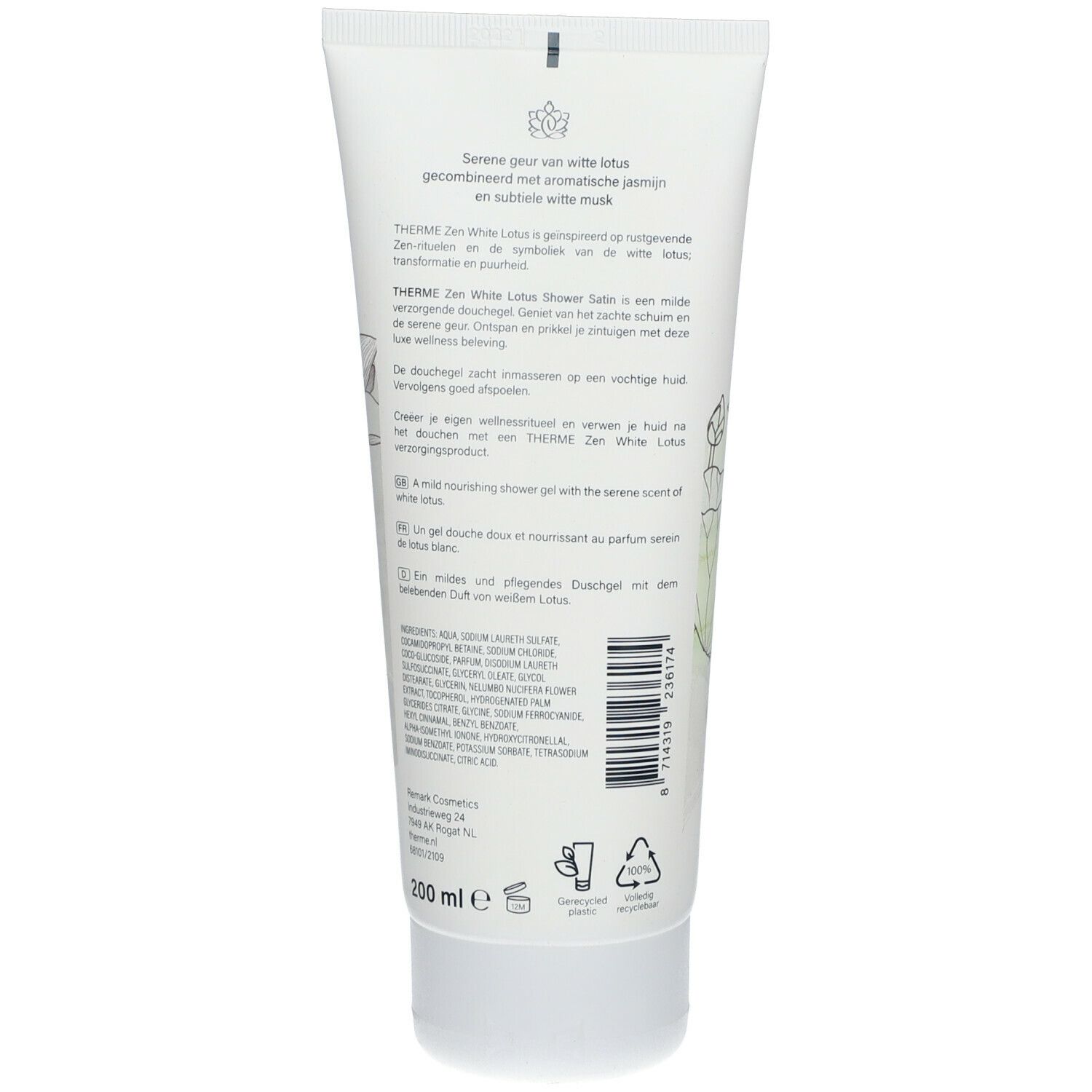 Achterkant tube THERME Zen White Lotus Duschsatin. Tekst in meerdere talen. Ingrediënten en recyclingsymbolen.