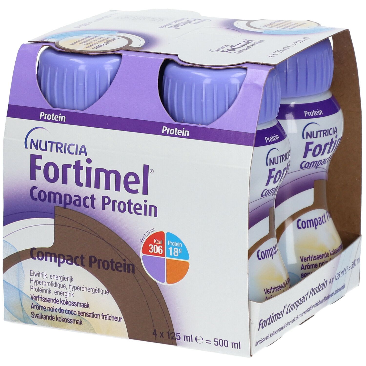 Verpakking met vier flessen Fortimel Compact Protein. Flessen met paarse doppen, witte etiketten en productinformatie.