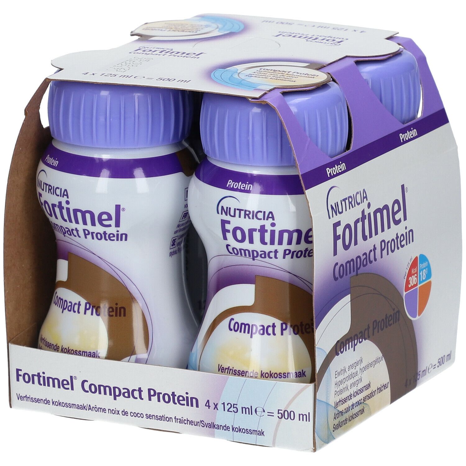 Verpakking met vier flessen Fortimel Compact Protein. Flessen met paarse doppen, witte etiketten en productinformatie.