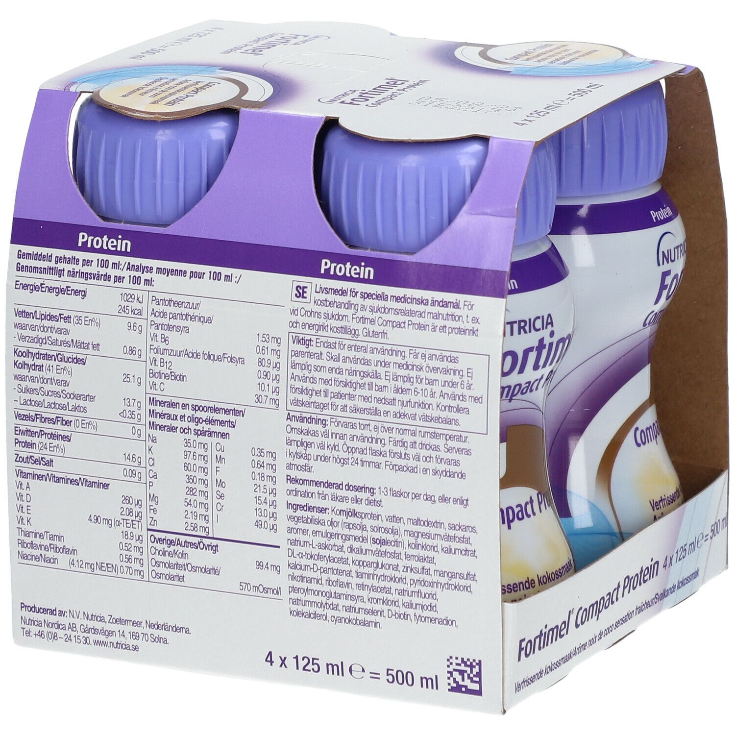 Verpakking met vier flessen Fortimel Compact Protein. Achterkant met voedingswaarde en productinformatie.