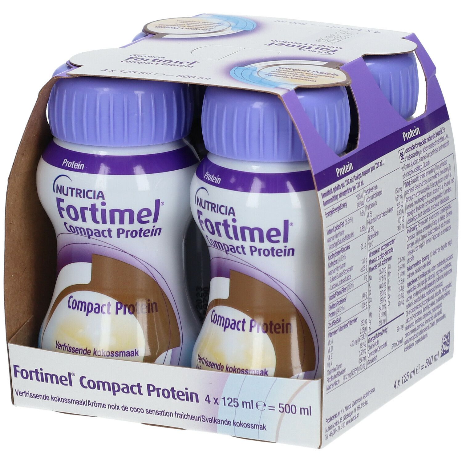 Verpakking met vier flessen Fortimel Compact Protein. Flessen met paarse doppen, witte etiketten en productinformatie.