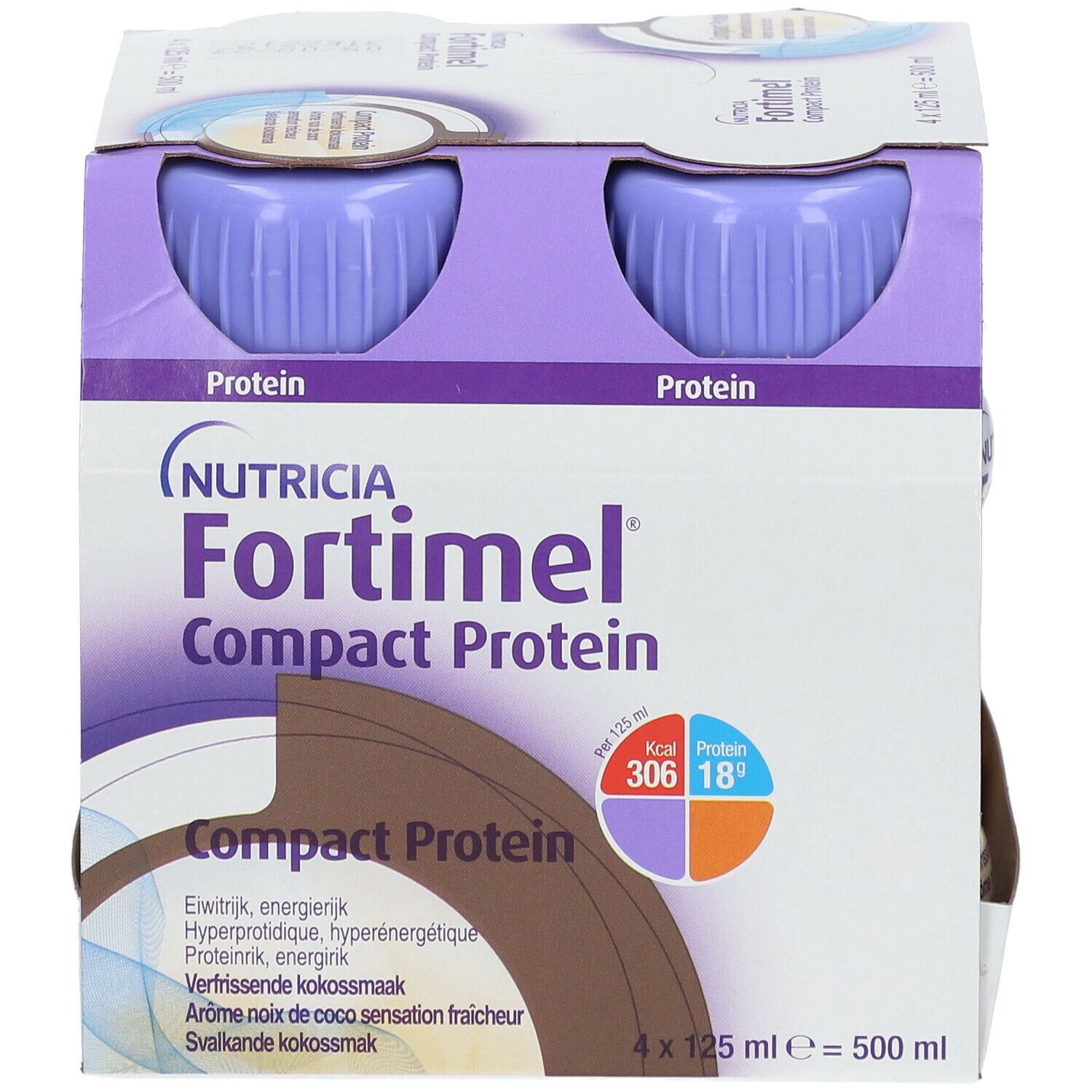 Verpakking met vier flessen Fortimel Compact Protein. Flessen met paarse doppen, witte etiketten en productinformatie.