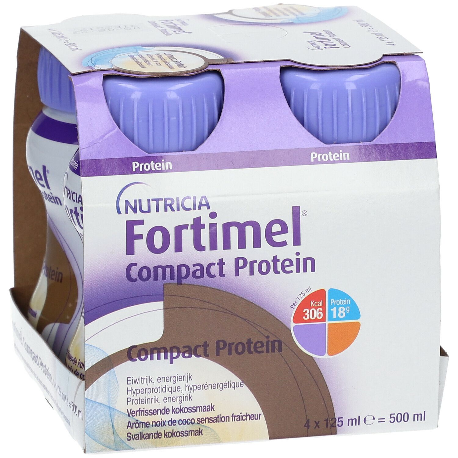 Verpakking met vier flessen Fortimel Compact Protein. Flessen met paarse doppen, witte etiketten en productinformatie.