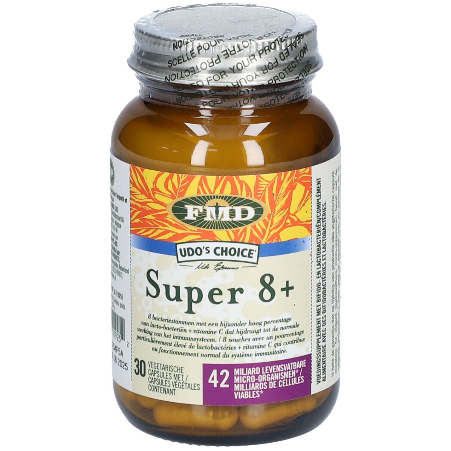Bruine glazen fles met capsules. Opschrift: Udo's Choice Super 8+. 42 capsules. Dop met zegel.