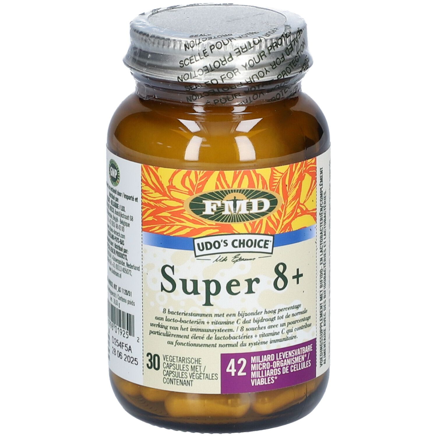Bruine glazen fles met capsules. Opschrift: Udo's Choice Super 8+. 30 capsules. 42 miljard levende cellen.