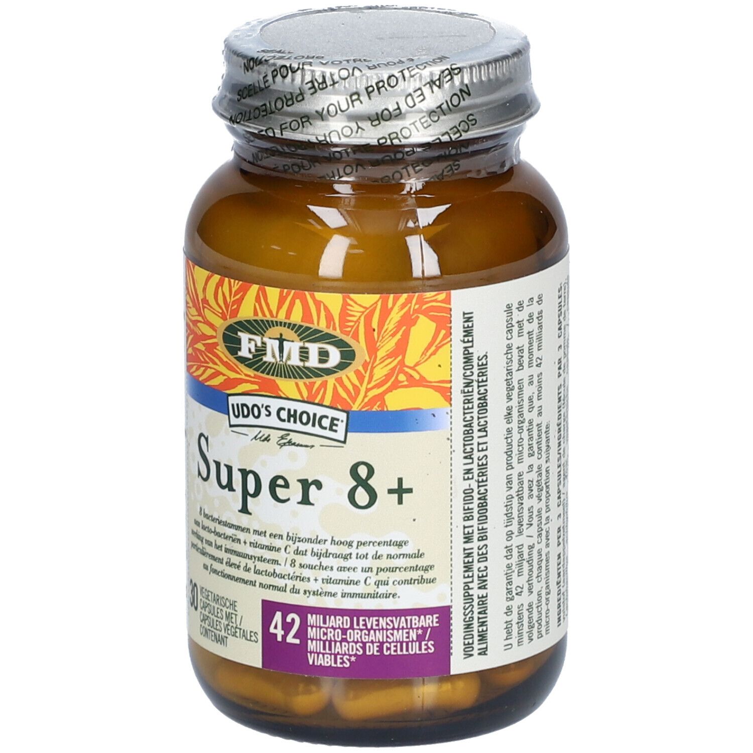 Bruine glazen fles met capsules. Opschrift: Udo's Choice Super 8+. 42 miljard levende cellen. 42 capsules.