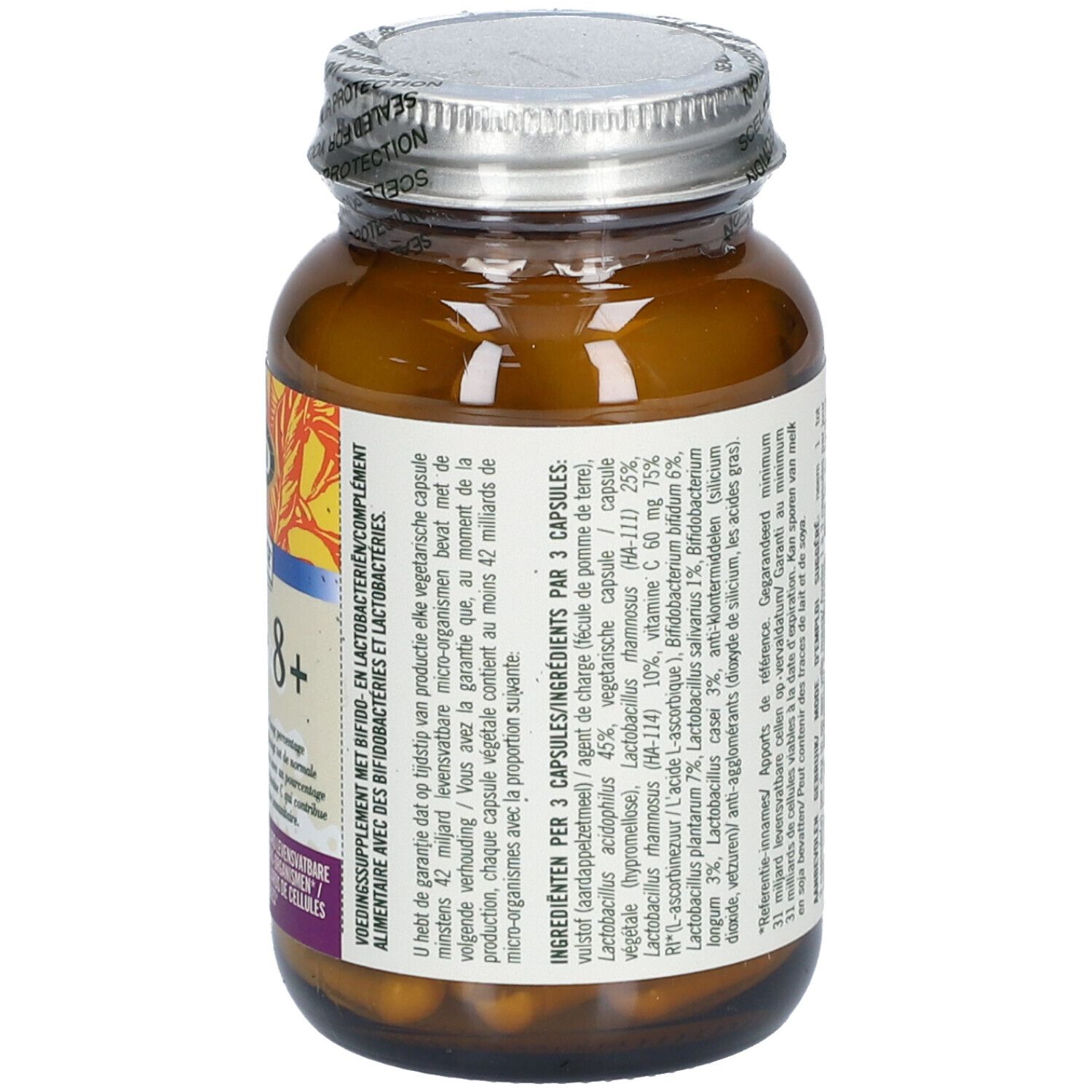 Achterkant van de fles. Ingrediënten per 3 capsules. Opschrift: Udo's Choice Super 8+.