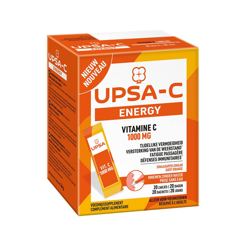 Oranje doos met productinformatie. Opschrift: UPSA-C Energy, Vitamine C 1000 mg. Afgebeelde individuele zakjes.