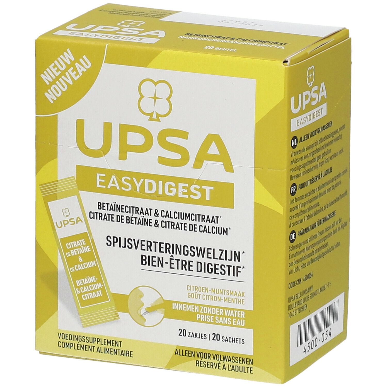 Gelbe Schachtel mit "UPSA Easy Digest". Enthält 20 Sachets. Aufschrift: Betaïnecitraat & Calciumcitraat. Zitrone-Minze Geschmack.