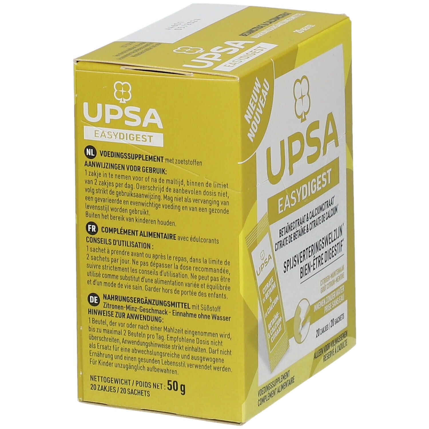 Gelbe Schachtel "UPSA Easy Digest". Enthält 20 Sachets. Aufschrift: Betaïnecitraat & Calciumcitraat. Nettogewicht 50g.
