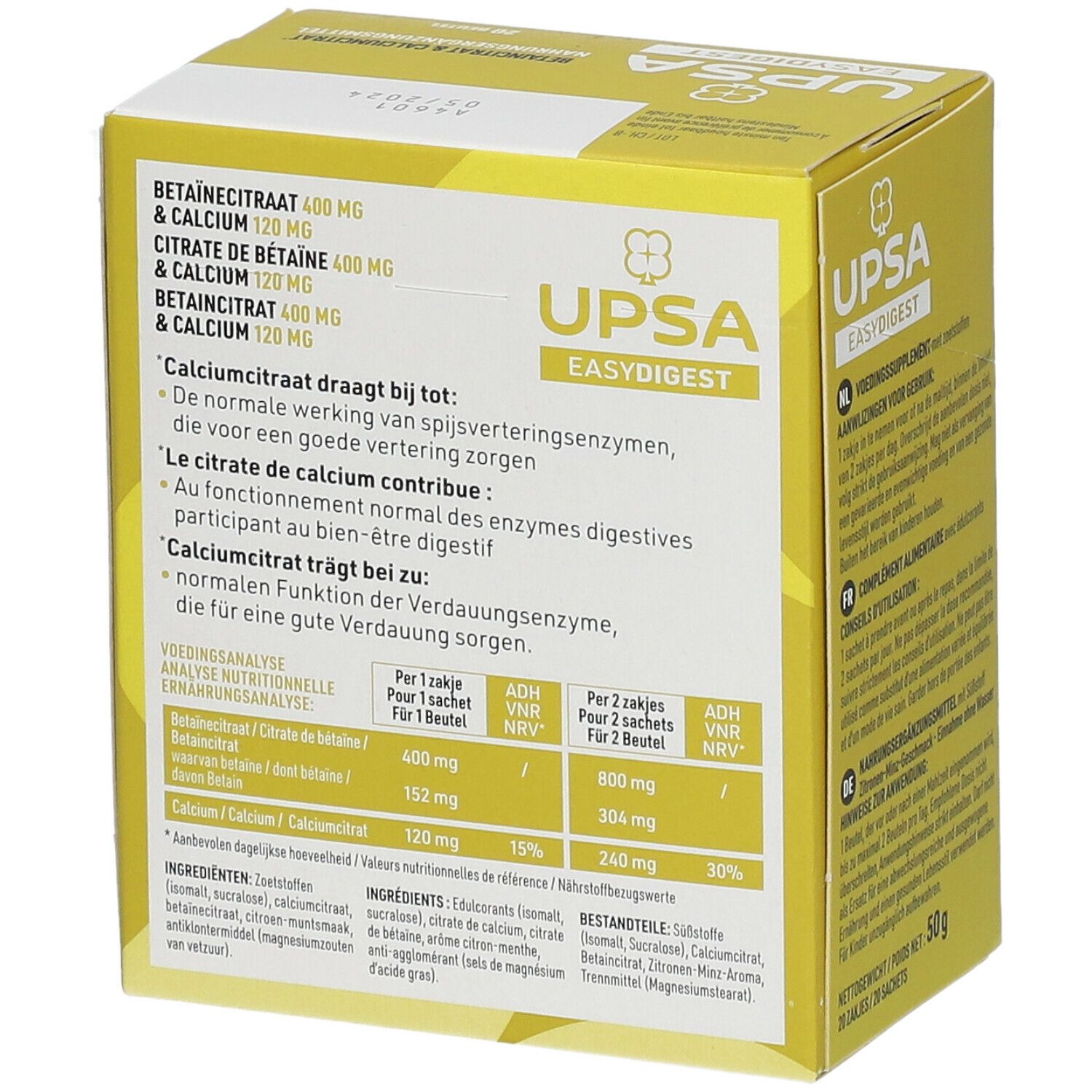 Gelbe Schachtel "UPSA Easy Digest". Enthält Informationen zu Inhaltsstoffen und Nährwertanalyse. Aufschrift: Betaïnecitraat & Calciumcitraat.