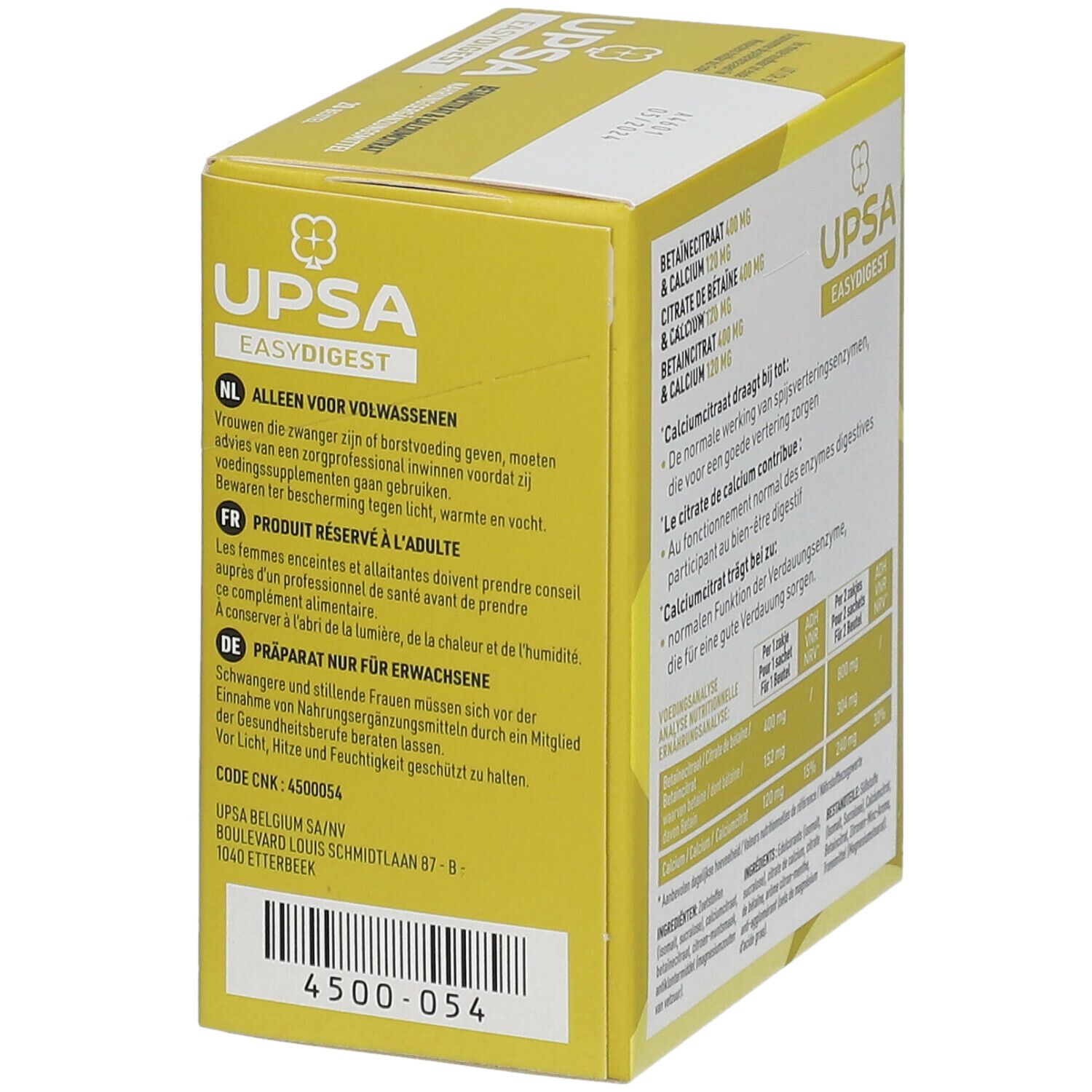 Gelbe Schachtel "UPSA Easy Digest". Enthält Informationen zur Anwendung. Aufschrift: Betaïnecitraat & Calciumcitraat. Code CNK: 4500-054.