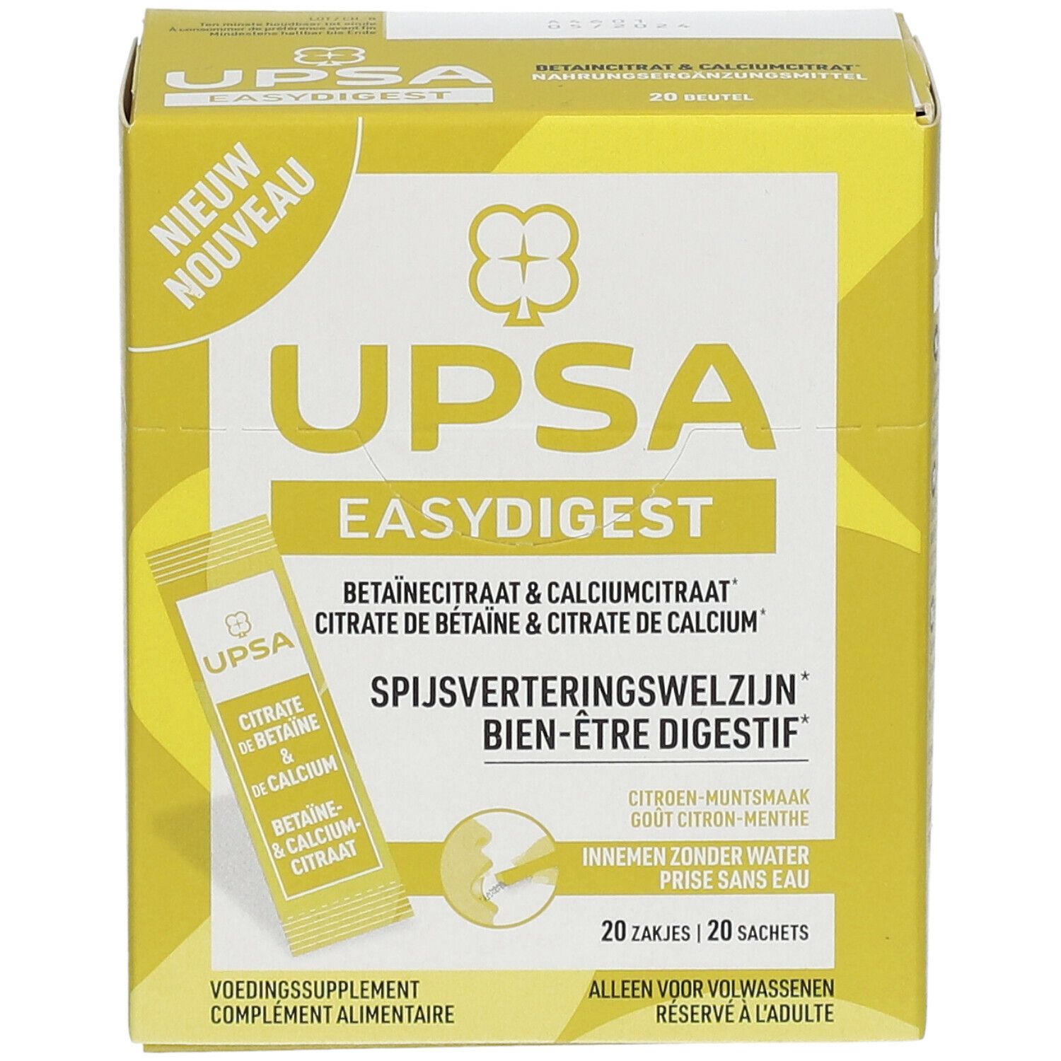 Gelbe Schachtel "UPSA Easy Digest" mit einem Sachet. Aufschrift: Betaïnecitraat & Calciumcitraat. Zitrone-Minze Geschmack. 20 Sachets.