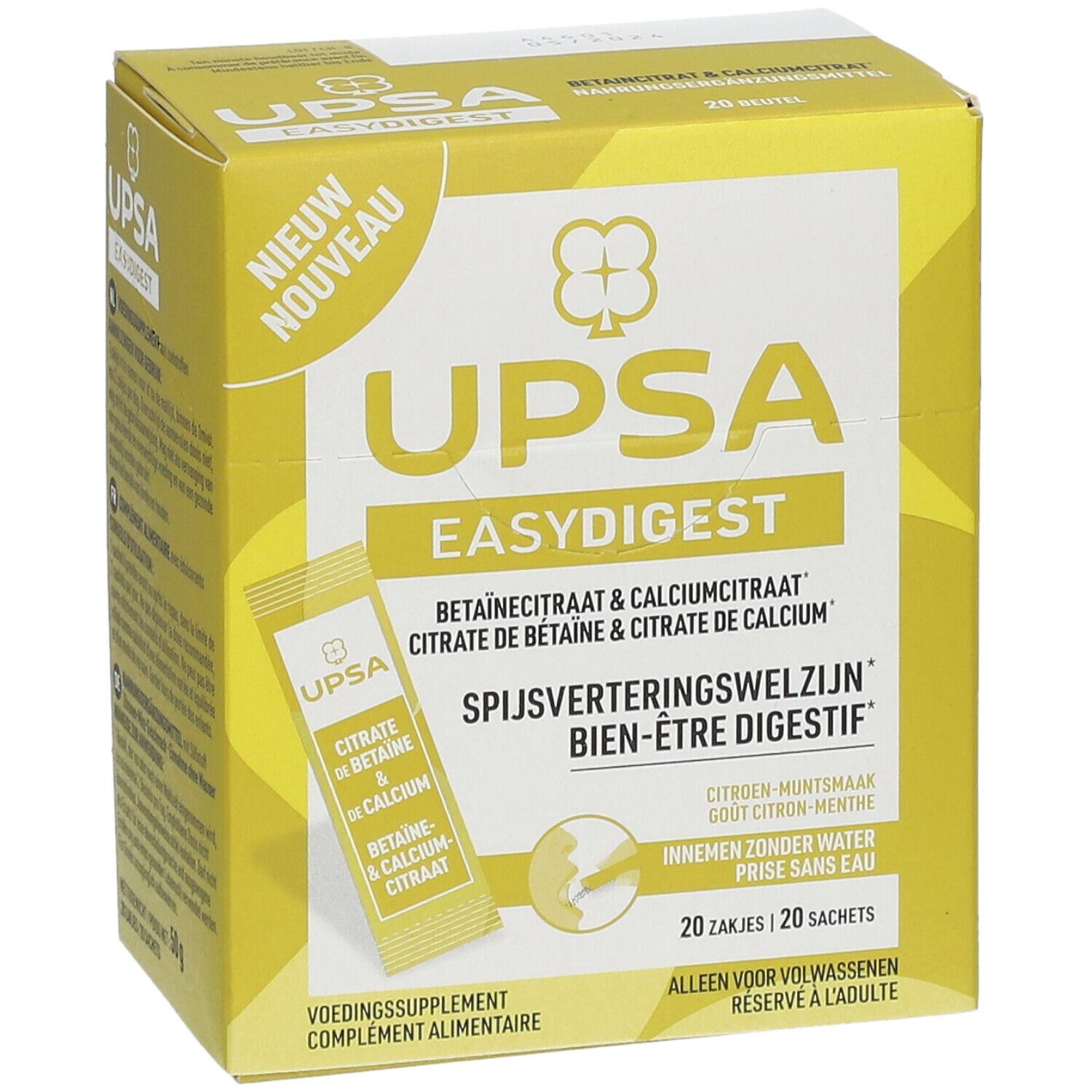 Gelbe Schachtel "UPSA Easy Digest". Aufschrift: Betaïnecitraat & Calciumcitraat. Zitrone-Minze Geschmack. 20 Sachets.
