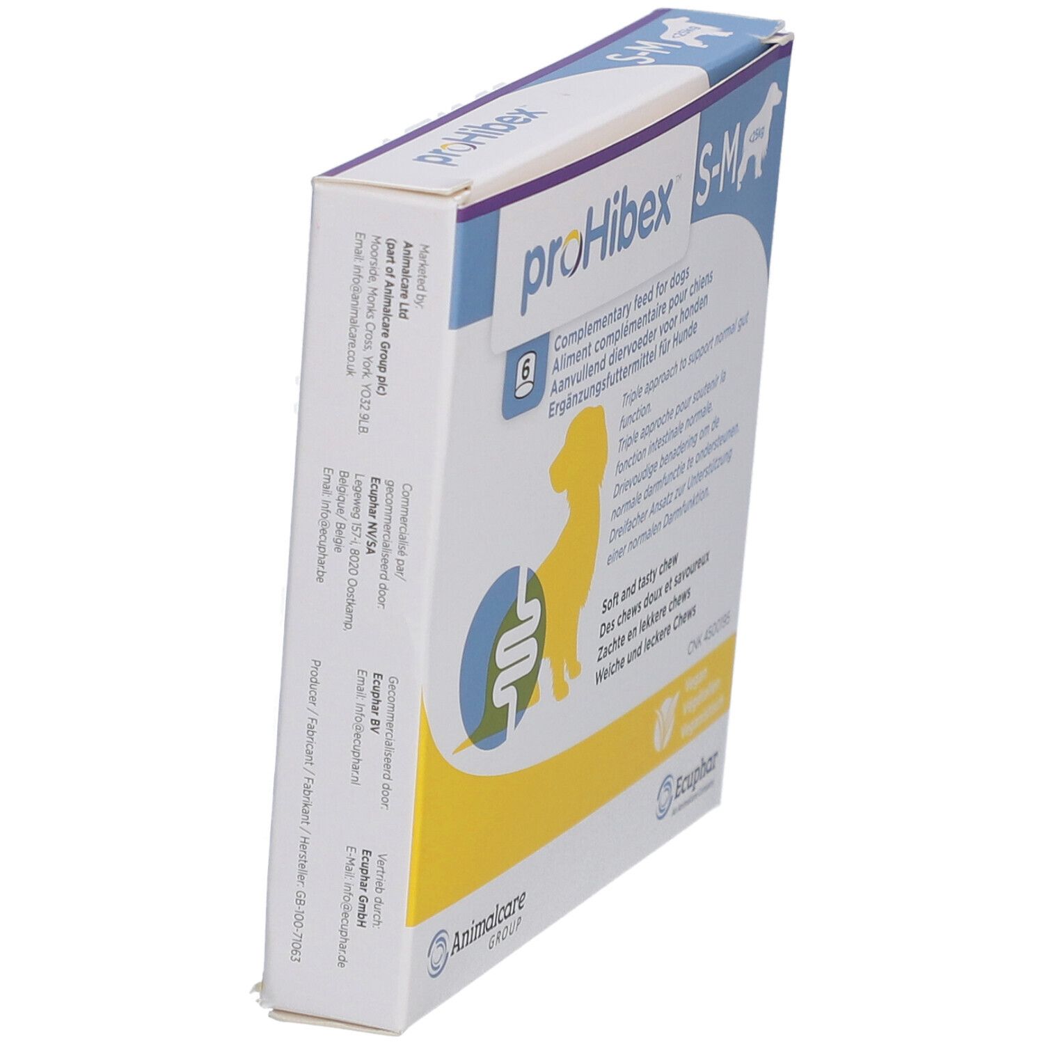 proHibex S-M Packung, schräg. Animalcare Group. Ecphar. Text auf Verpackung.